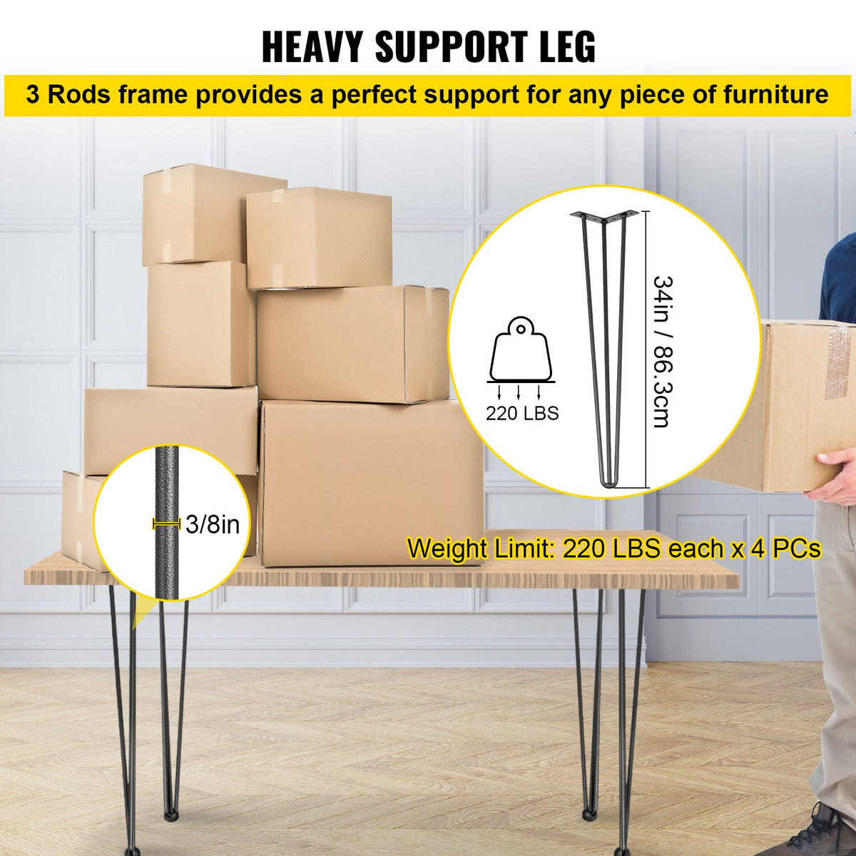 Hairpin Table Legs 34 inch Black Set of 4 Desk Legs Each 220lbs Capacity Hairpin Desk Legs 3 Rods for Bench Desk Dining End Table Chairs Carbon Steel DIY Table Legs Heavy Duty Furniture Legs