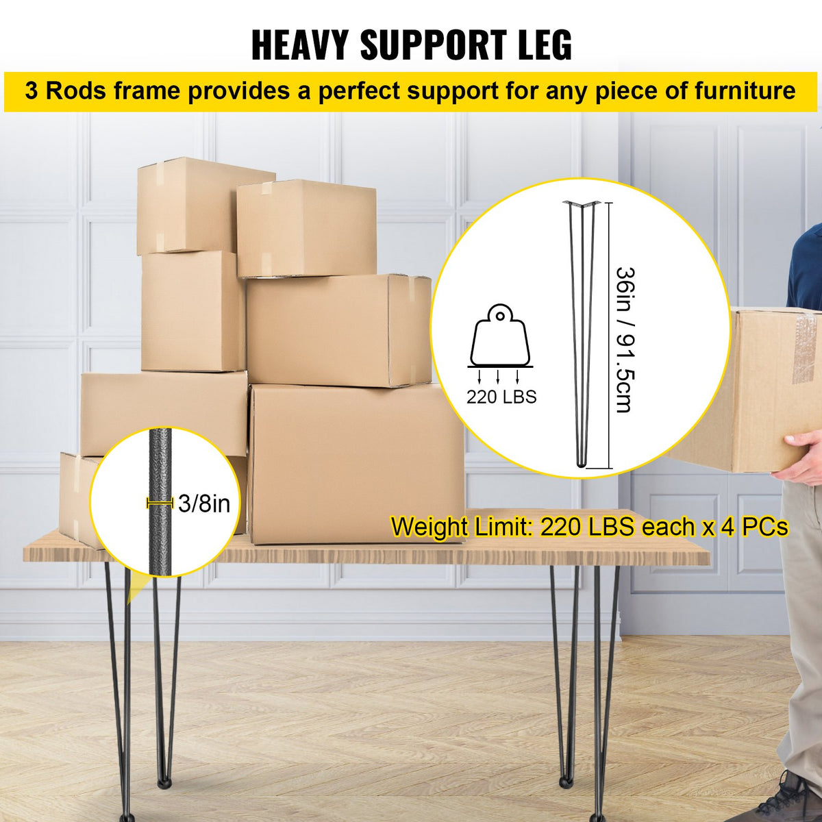 Hairpin Table Legs 36 inch, Set of 4 DIY Desk Table Legs 3 Rods Heavy Duty