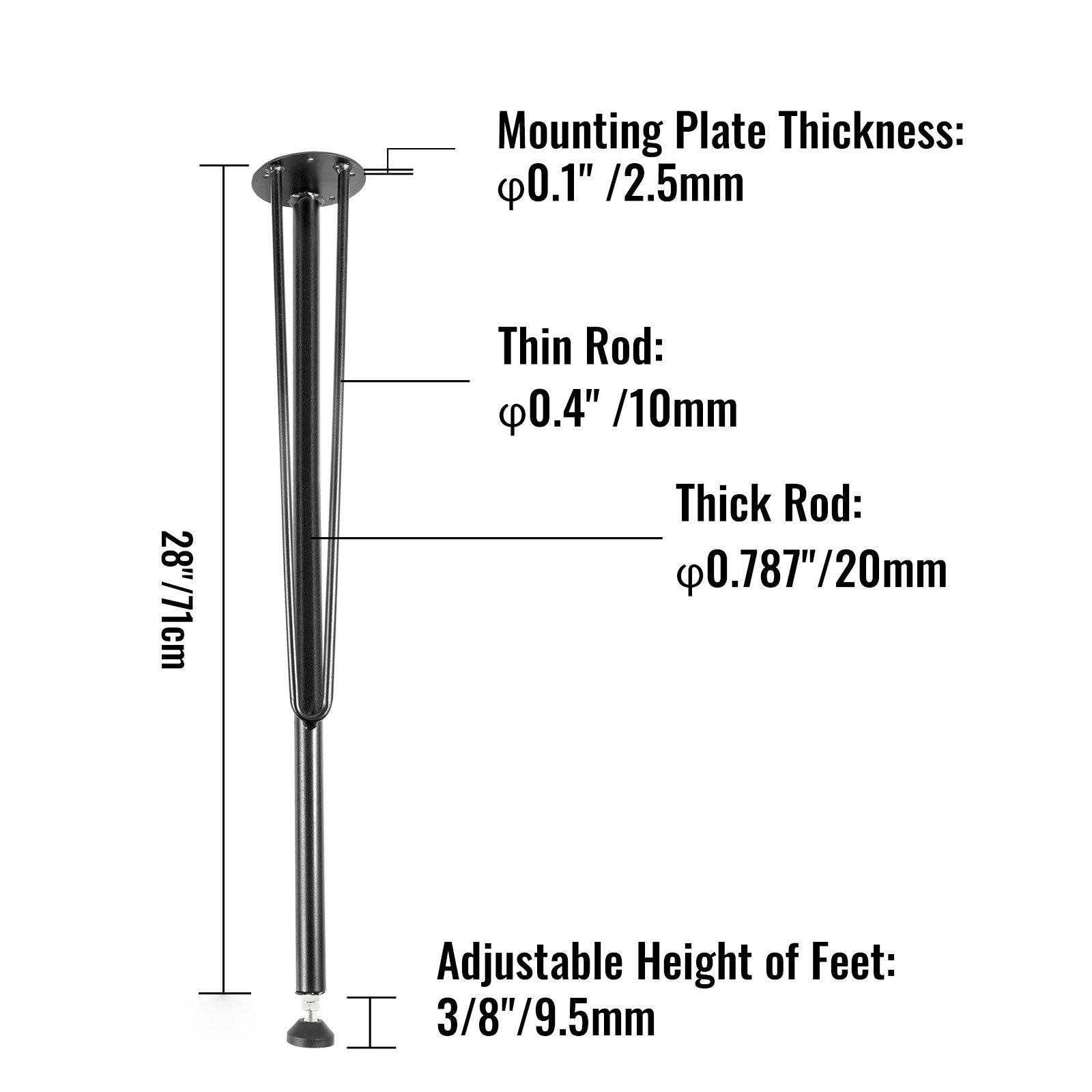Hairpin Table Legs Metal Coffee Table Legs Desk 28" Height 3-Rod Set of 4