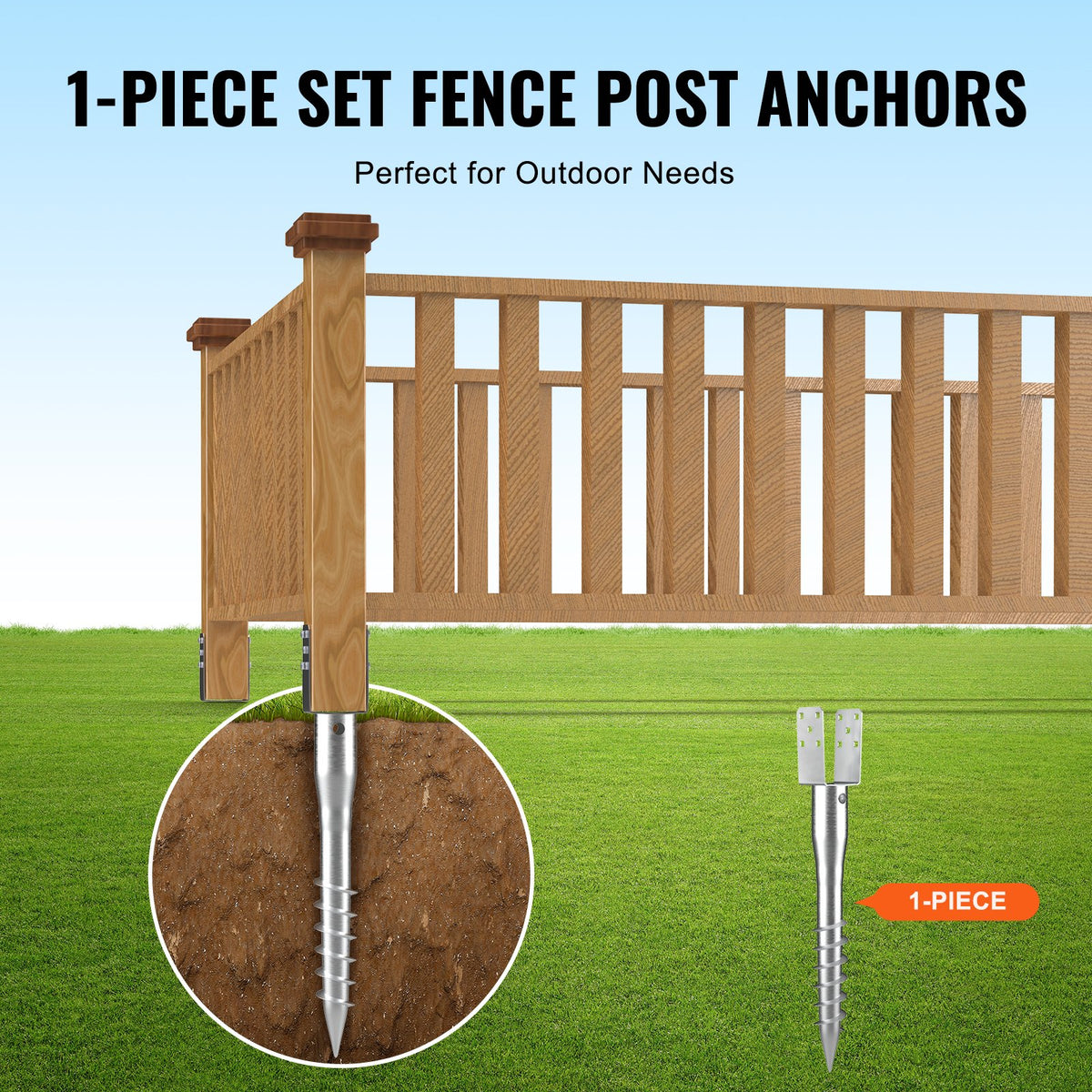 No Dig Ground Anchor, 1 Pack 10 x 7 x 70 cm DIY Screw in Post Stake, Includes 6 Lag Bolts & a Rebar, U-Shape Heavy Duty Steel Post Holder, Great for Mailbox Posts and Fence Posts