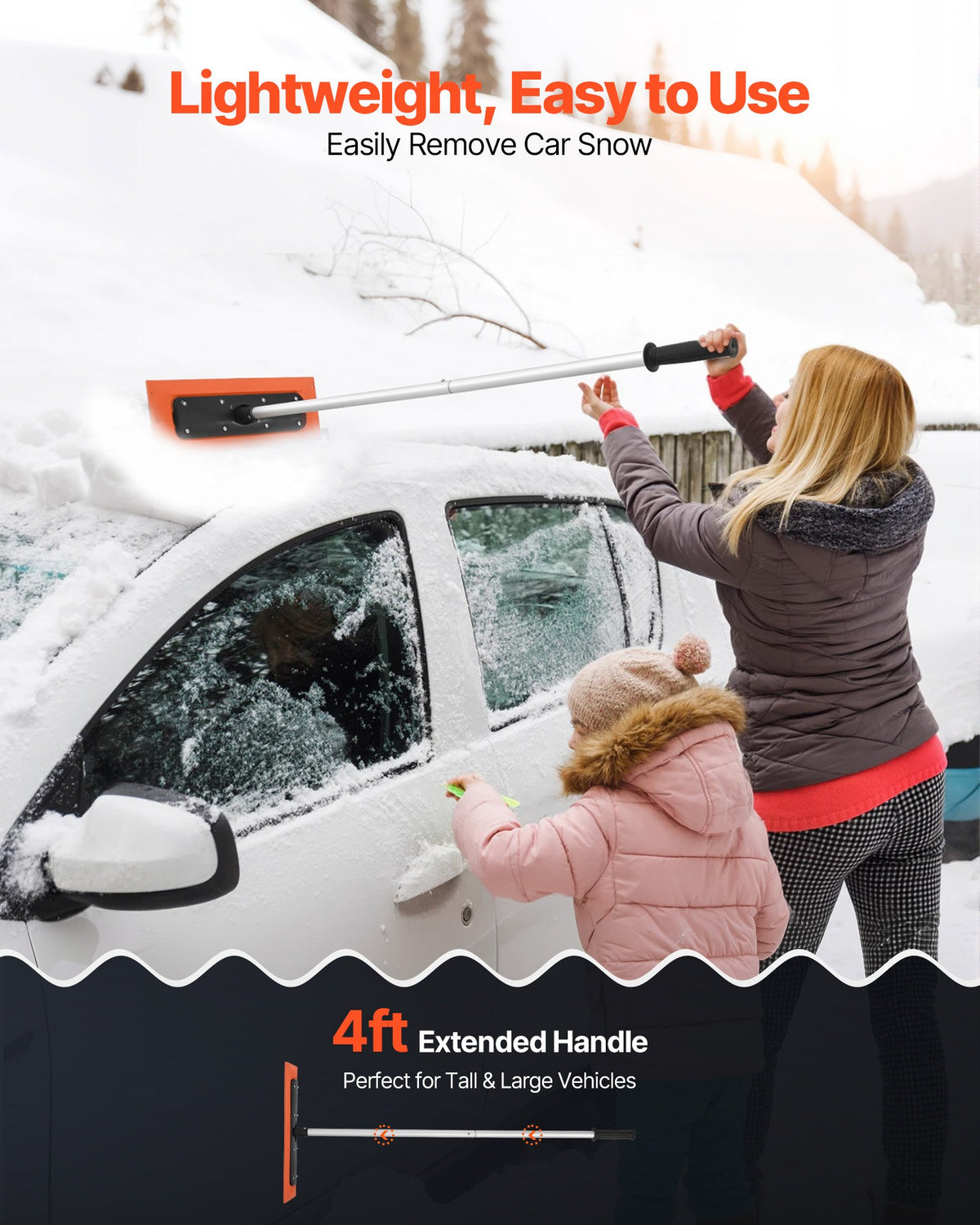 VEVOR Snow Roof Rake, 1.2m Long Reach Car Roof Snow Scraper, 45cm Foam Blade for No Scratches, Non-Slip Handle, Lightweight Snows Removal Tool for Vehicle Garage Rooftop Leaves Debris Clearing
