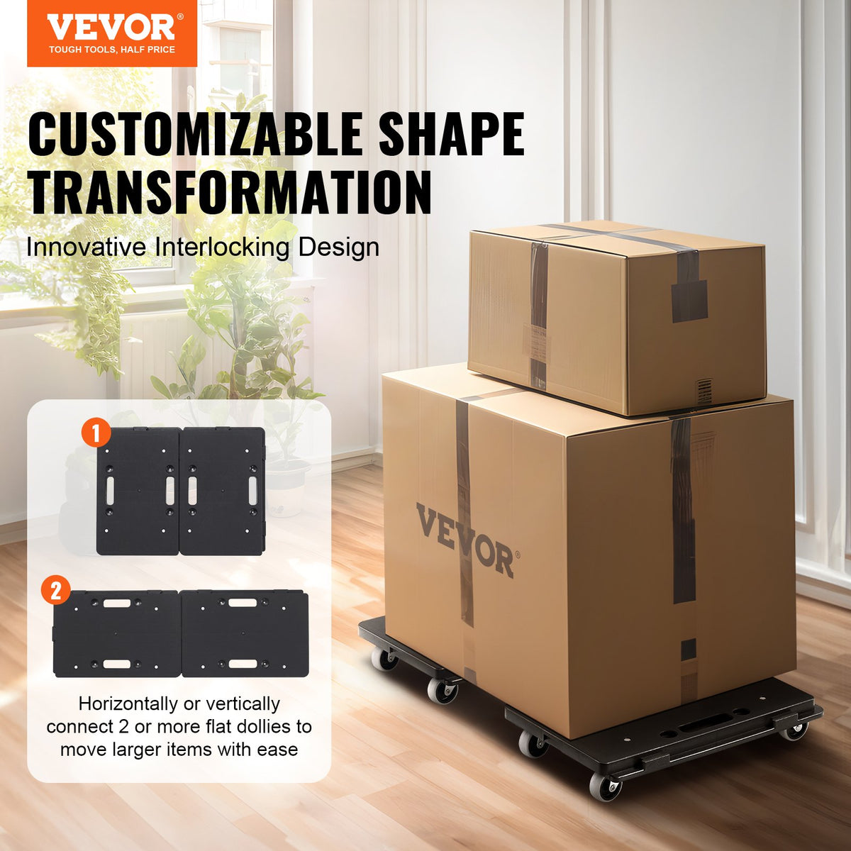 Furniture Dolly, 500 lbs Capacity Each Count, Furniture Mover with Wheels, Portable Moving Rollers 4 Wheels Heavy Duty, Small Flat Dolly Cart with Interlocking for Heavy Furniture, 2 Pack, Black