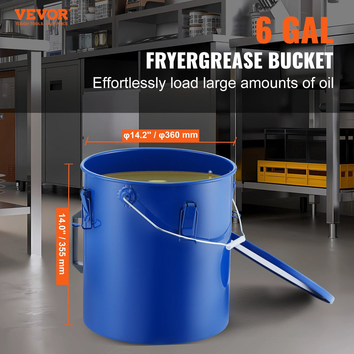 Fryer Grease Bucket, 22.7L Oil Disposal Caddy Carbon Steel Fryer Oil Bucket with Rust-Proof Coating, Oil Transport Container with Lid, Lock Clips, Filter Bag for Hot Cooking Oil Filtering, Blue