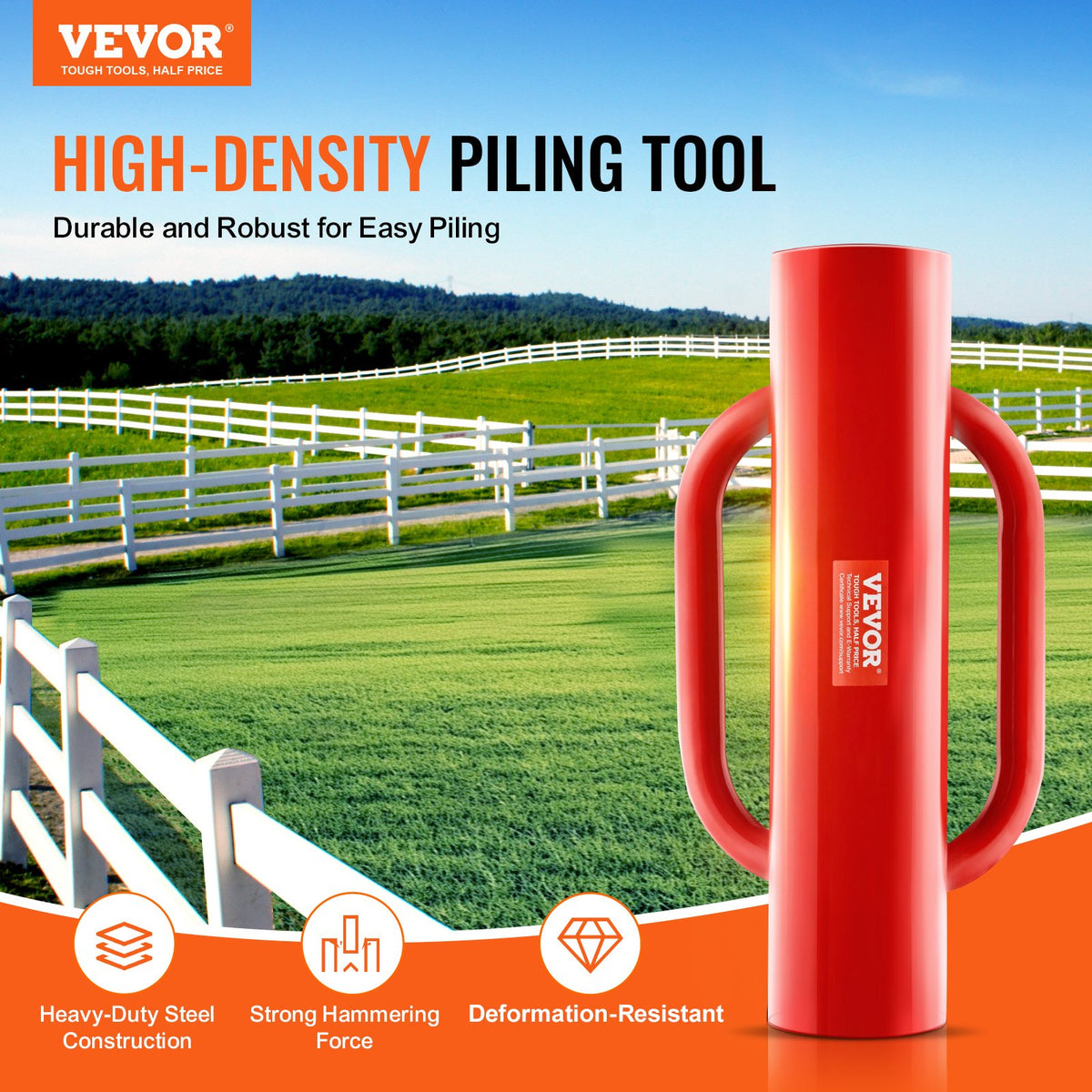 Fence Post Driver with Handles, 2.7 in Inner Diameter T Post Pole Pounder, 14LB Heavy Duty Carbon Steel Hand Post Rammer, Farm Fencing Hole Digger for U Channel, Sign Pole, Wooden Post, Red