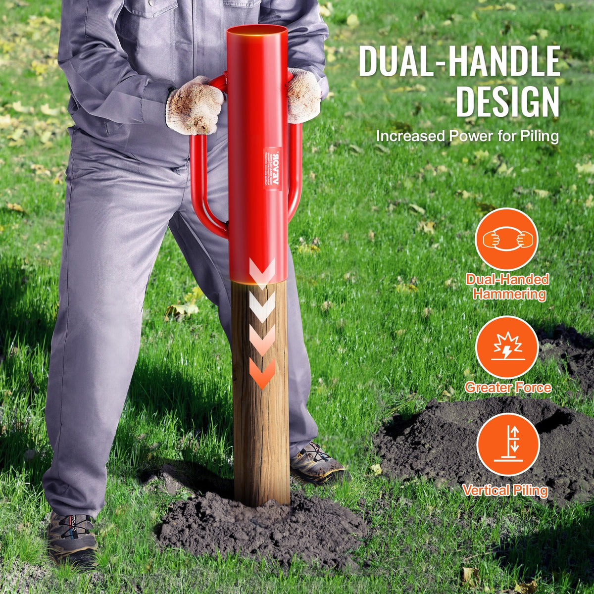 Fence Post Driver with Handles, 2.7 in Inner Diameter T Post Pole Pounder, 14LB Heavy Duty Carbon Steel Hand Post Rammer, Farm Fencing Hole Digger for U Channel, Sign Pole, Wooden Post, Red