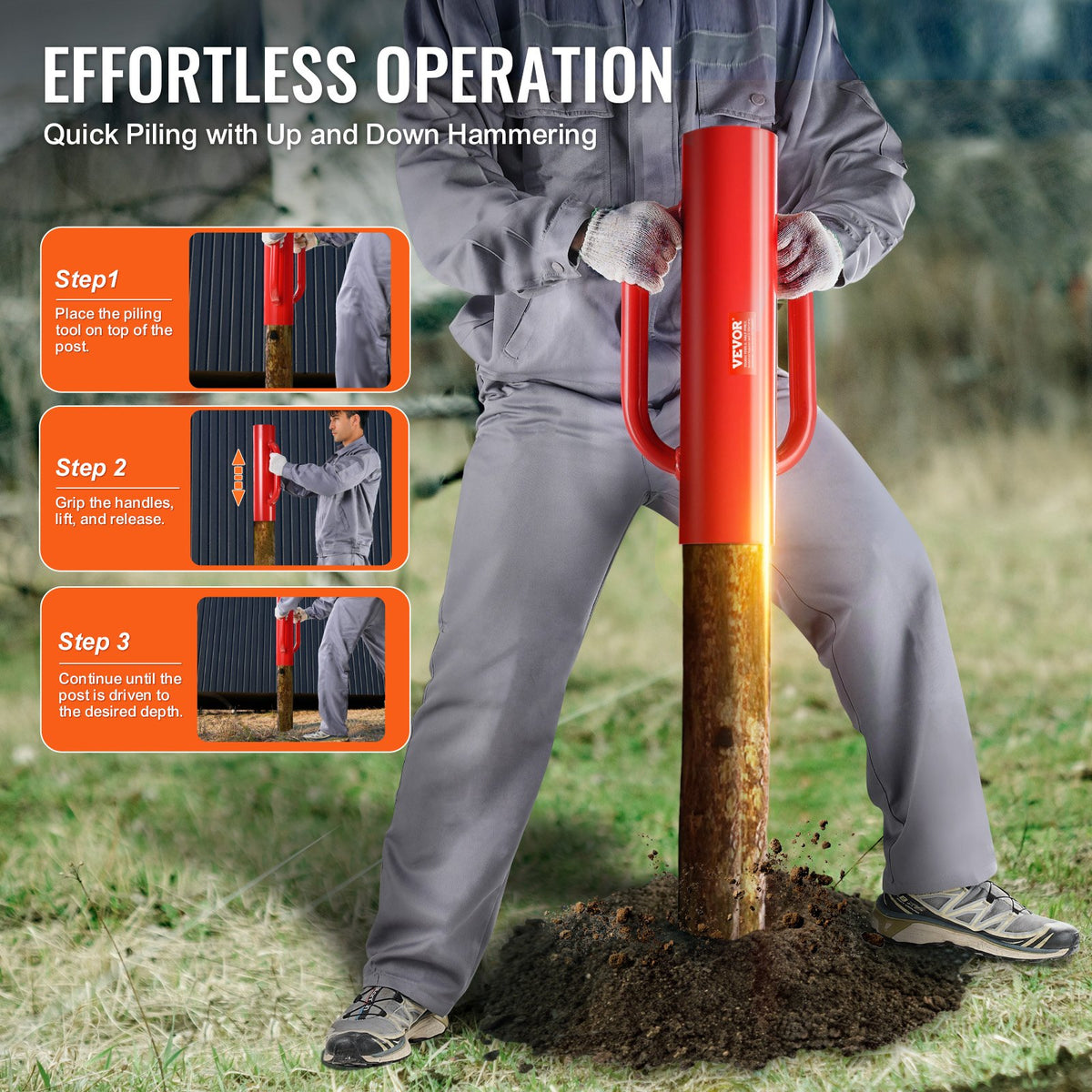 Fence Post Driver with Handles, 2.7 in Inner Diameter T Post Pole Pounder, 14LB Heavy Duty Carbon Steel Hand Post Rammer, Farm Fencing Hole Digger for U Channel, Sign Pole, Wooden Post, Red