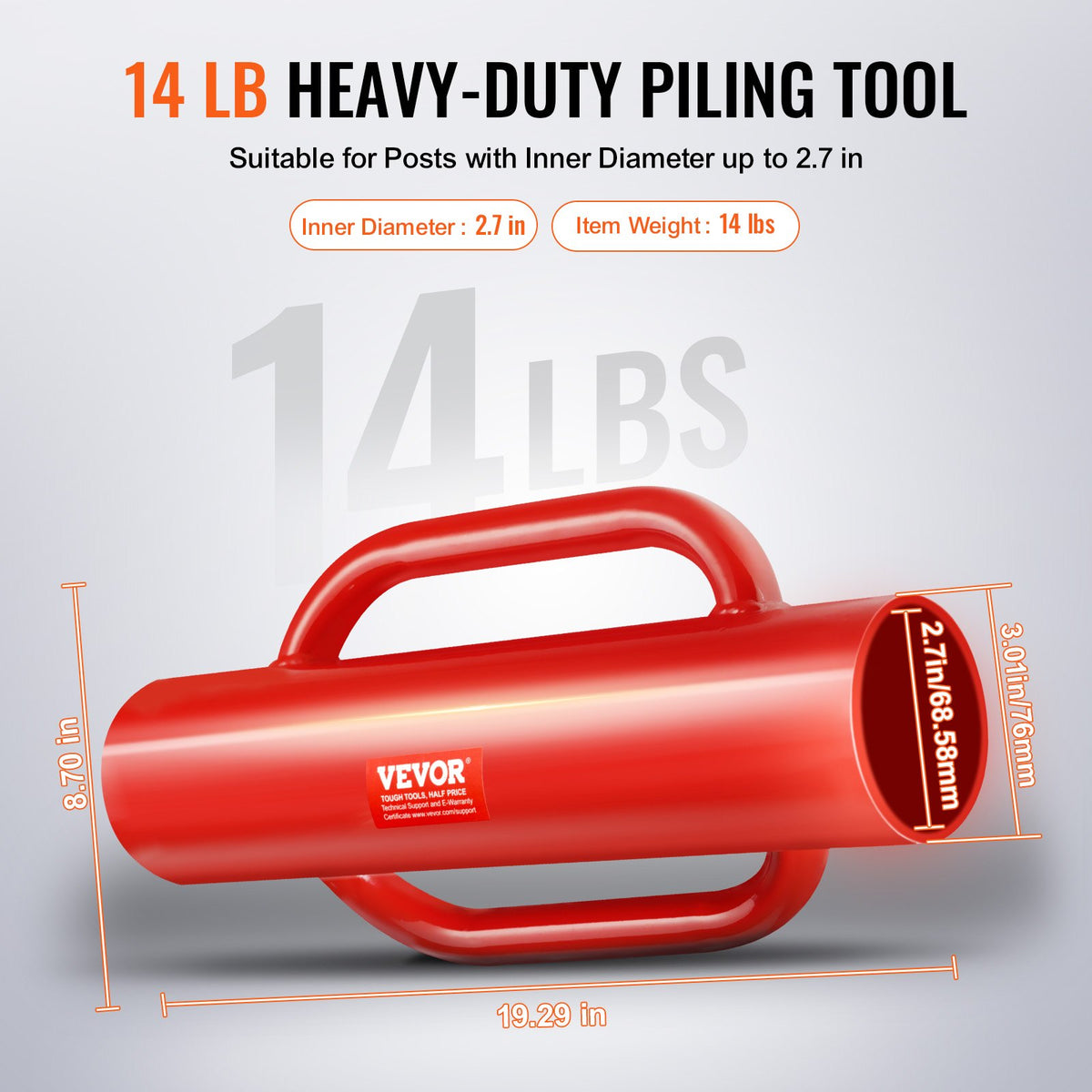Fence Post Driver with Handles, 2.7 in Inner Diameter T Post Pole Pounder, 14LB Heavy Duty Carbon Steel Hand Post Rammer, Farm Fencing Hole Digger for U Channel, Sign Pole, Wooden Post, Red