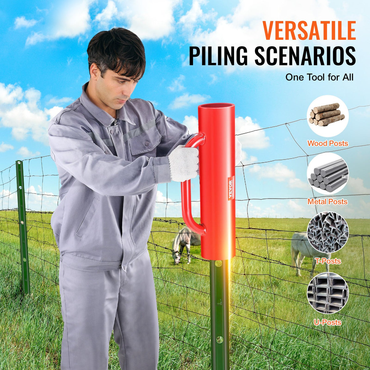 Fence Post Driver with Handles, 2.7 in Inner Diameter T Post Pole Pounder, 14LB Heavy Duty Carbon Steel Hand Post Rammer, Farm Fencing Hole Digger for U Channel, Sign Pole, Wooden Post, Red