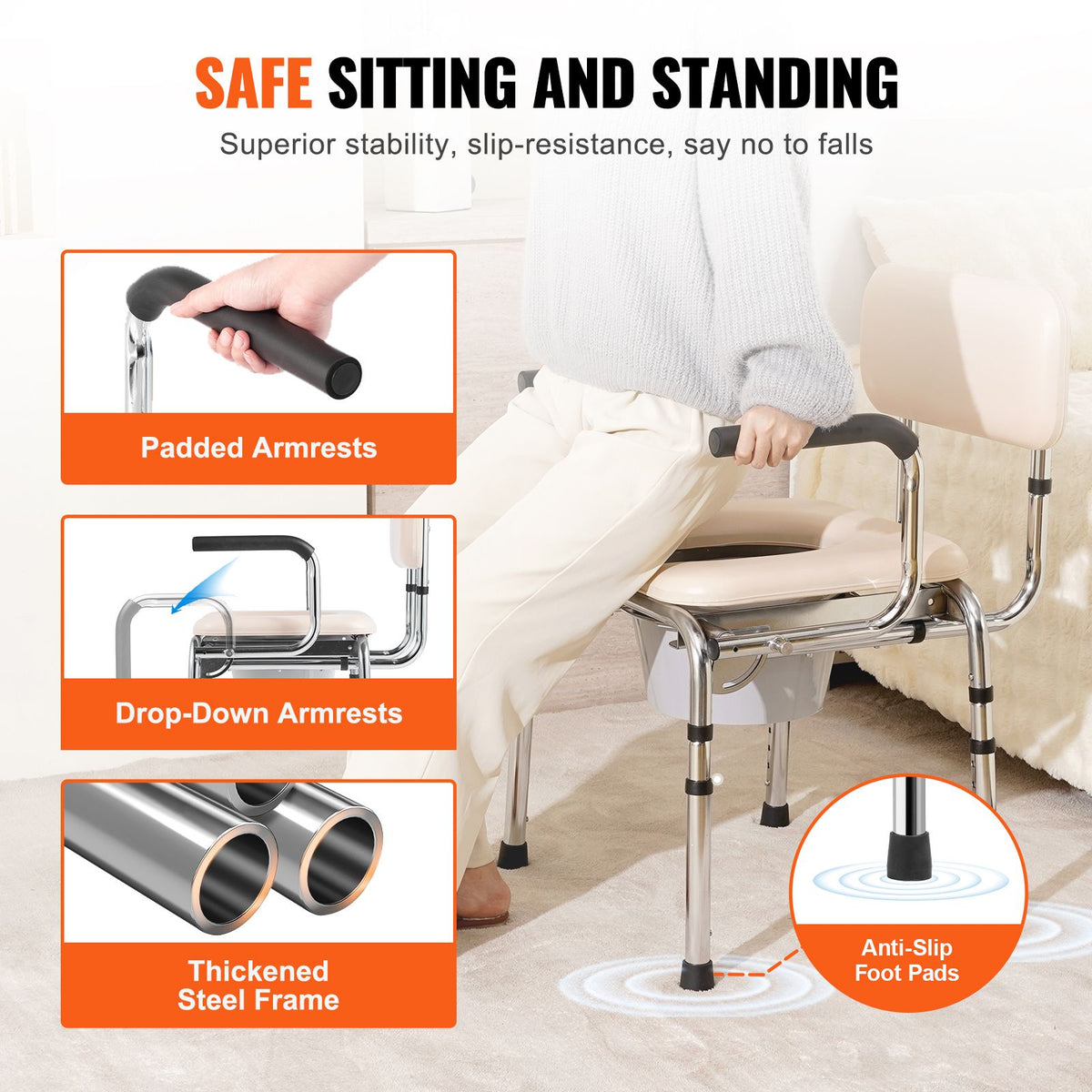 Commode Chair, Bedside Commode with Padded Seat, Drop - V952-WLKBS350BGRZ6CIGBV0