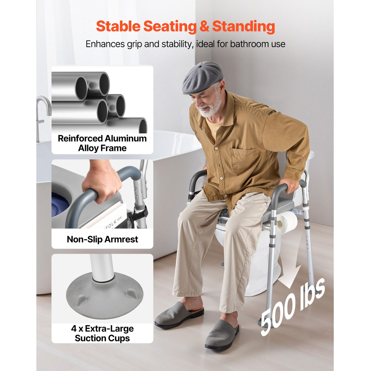 Bedside Commode Chair, 227 kg Capacity, 4-in-1 Portable Toilet and Raised Toilet Seat with Padded Seat & Backrest, Detachable 5L Bucket, Adjustable Height & Width Adult Potty Chair for Seniors