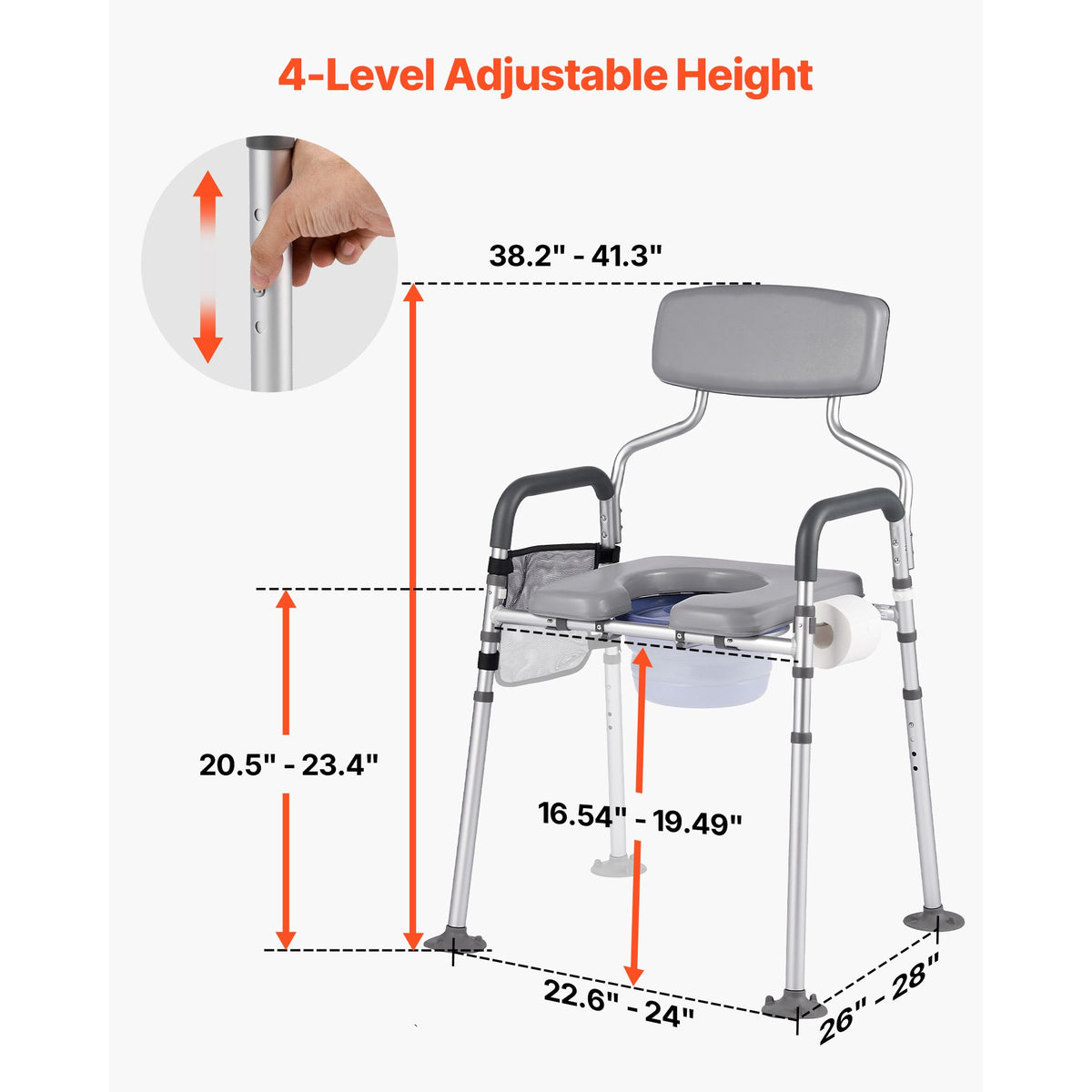 Bedside Commode Chair, 227 kg Capacity, 4-in-1 Portable Toilet and Raised Toilet Seat with Padded Seat & Backrest, Detachable 5L Bucket, Adjustable Height & Width Adult Potty Chair for Seniors