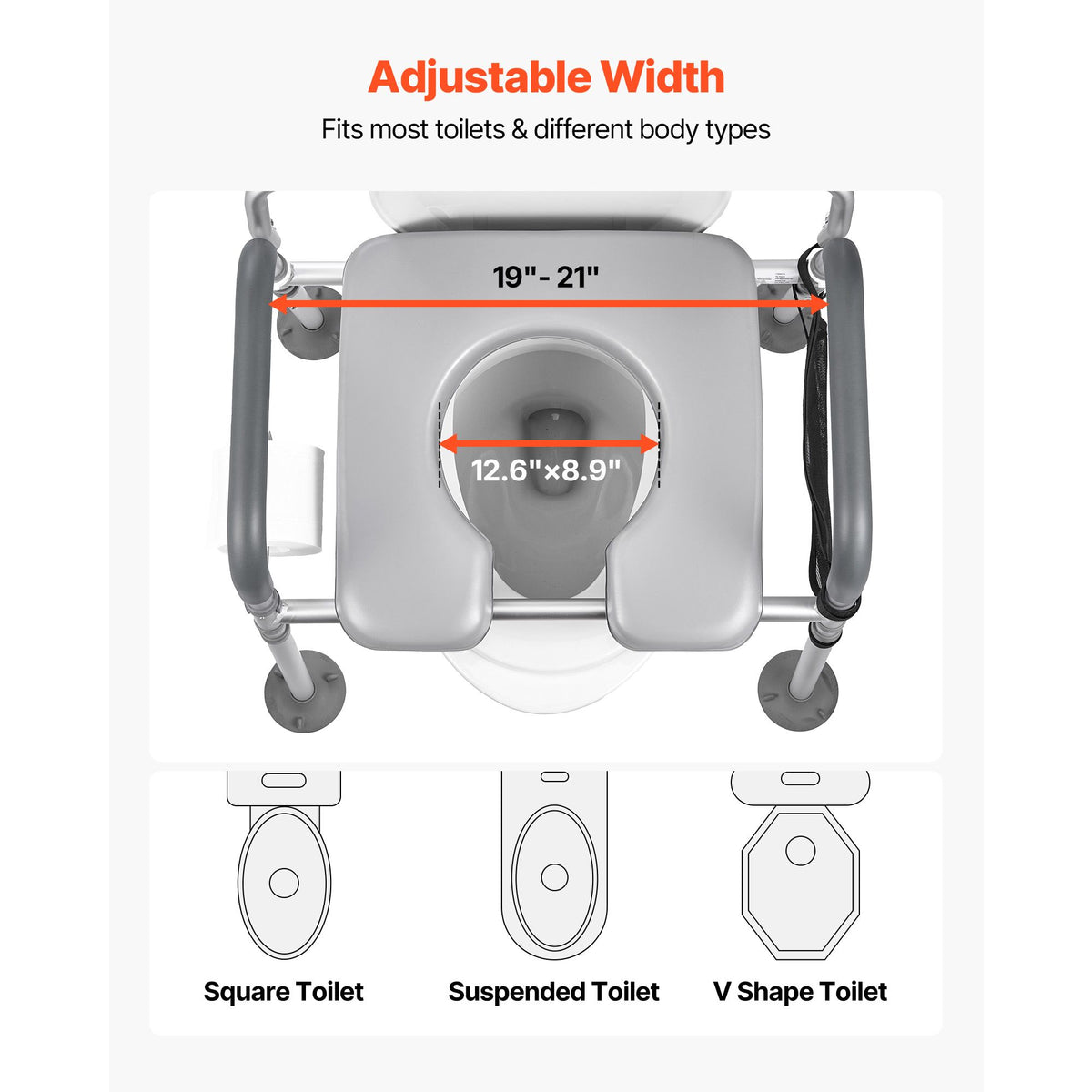 Bedside Commode Chair, 227 kg Capacity, 4-in-1 Portable Toilet and Raised Toilet Seat with Padded Seat & Backrest, Detachable 5L Bucket, Adjustable Height & Width Adult Potty Chair for Seniors
