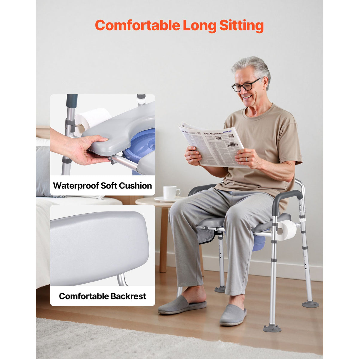 Bedside Commode Chair, 227 kg Capacity, 4-in-1 Portable Toilet and Raised Toilet Seat with Padded Seat & Backrest, Detachable 5L Bucket, Adjustable Height & Width Adult Potty Chair for Seniors
