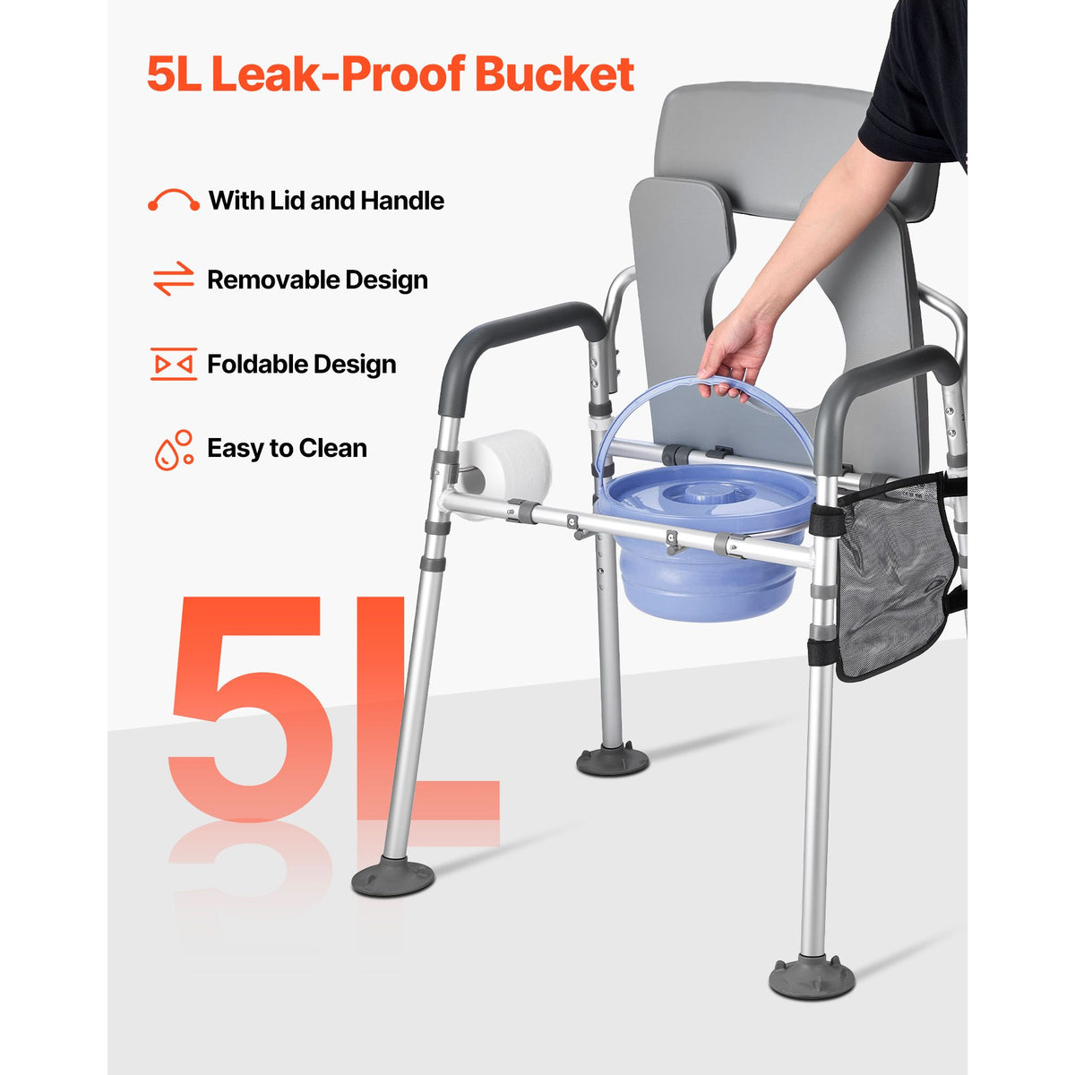 Bedside Commode Chair, 227 kg Capacity, 4-in-1 Portable Toilet and Raised Toilet Seat with Padded Seat & Backrest, Detachable 5L Bucket, Adjustable Height & Width Adult Potty Chair for Seniors