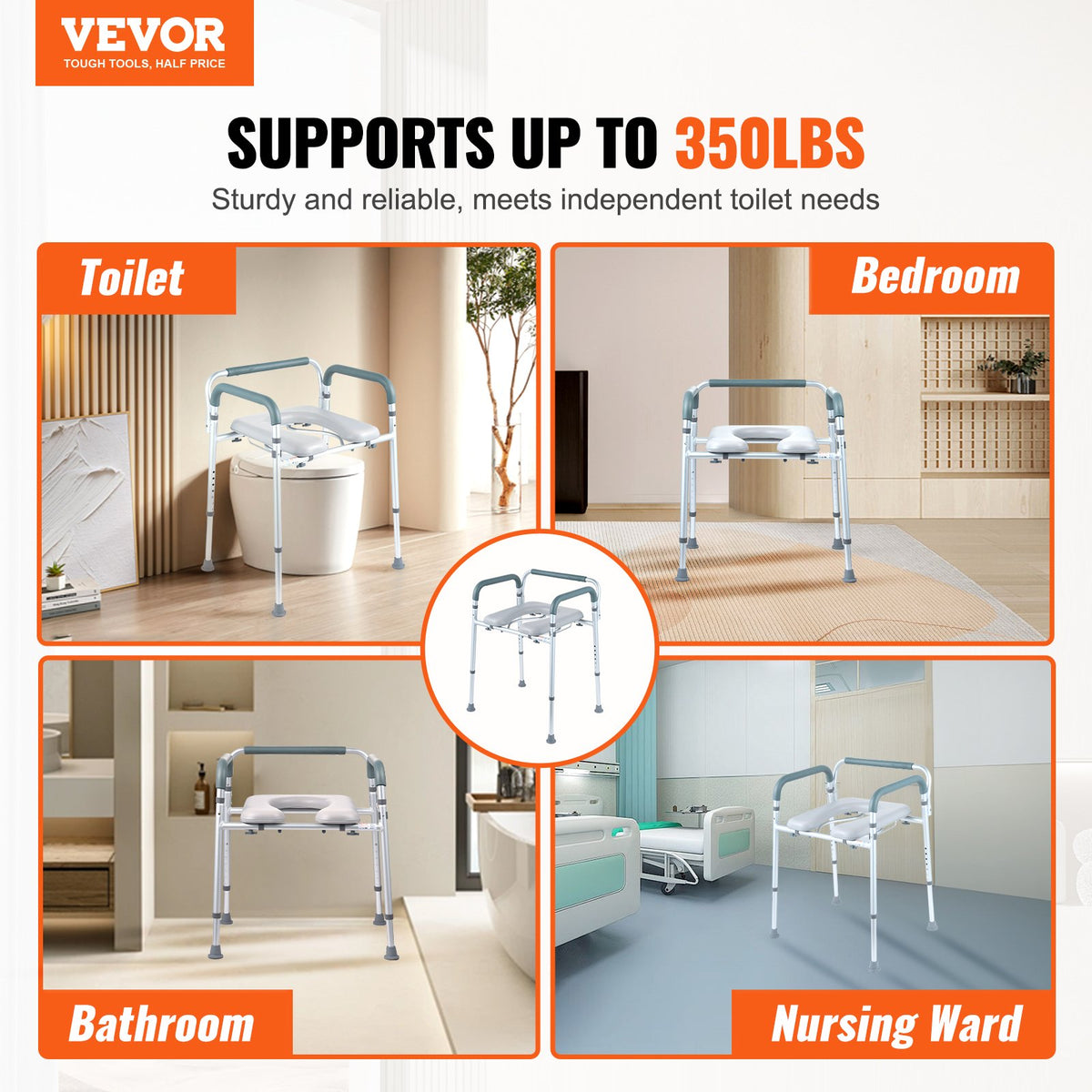 Commode Chair, Bedside Commode with Padded Seat and Arms, 7-Level Adjustable Height, 5.8L Removable Bucket, Easy to Assemble, 350 LBS Capacity, Raised Toilet Seat for Adults Seniors