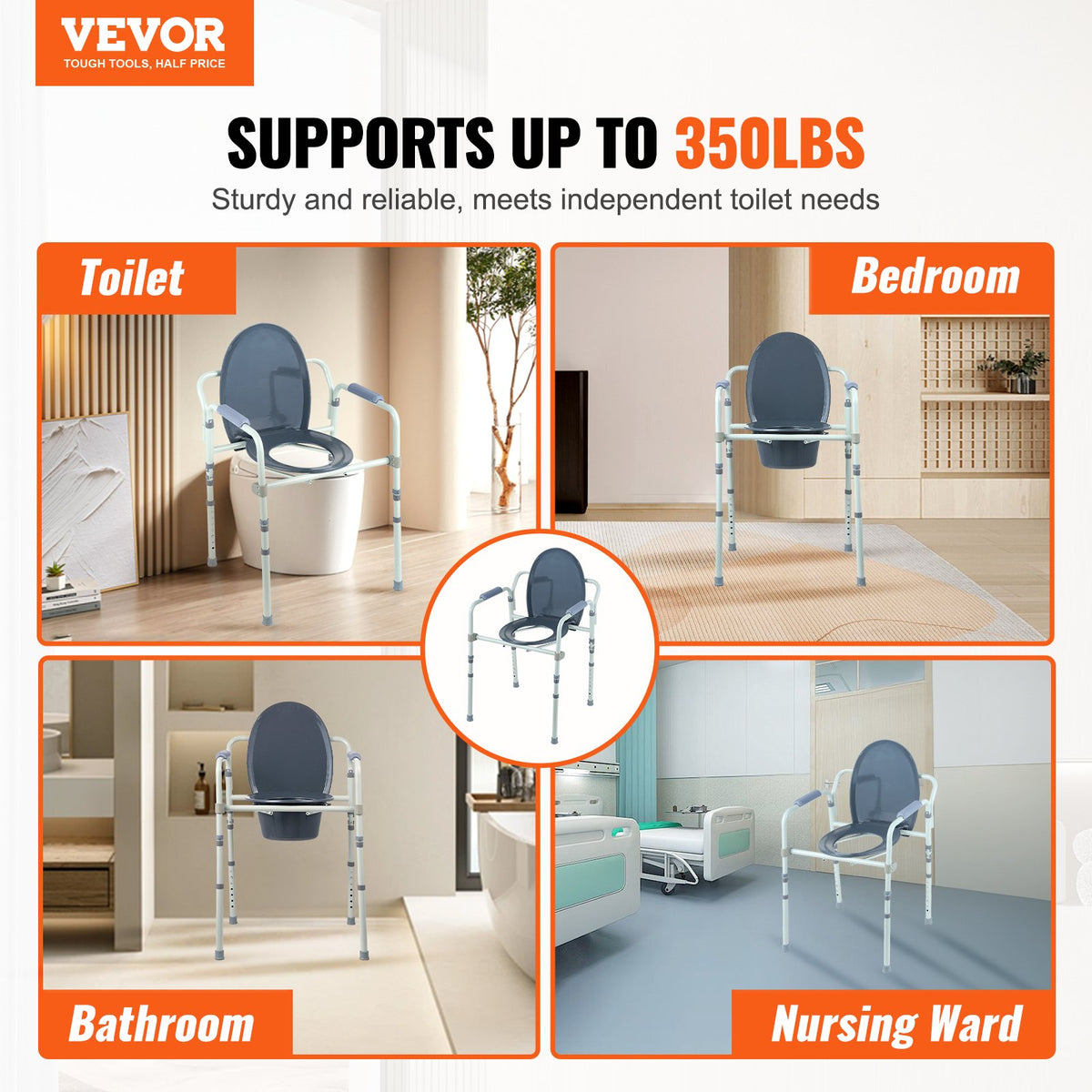 Commode Chair, Bedside Commode with Wider Toilet Seat, 7-Level Adjustable Height, 5.8L Removable Bucket, Easy to Assemble, 350 LBS Capacity, Raised Toilet Seat for Adults Seniors