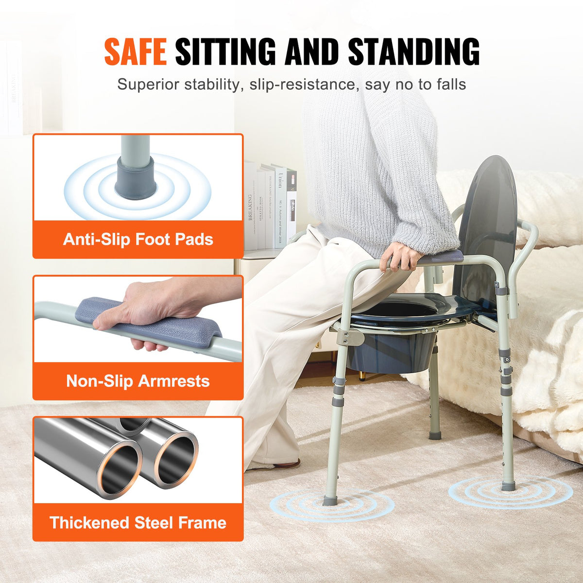 Commode Chair, Bedside Commode with Wider Toilet Seat, 7-Level Adjustable Height, 5.8L Removable Bucket, Easy to Assemble, 350 LBS Capacity, Raised Toilet Seat for Adults Seniors