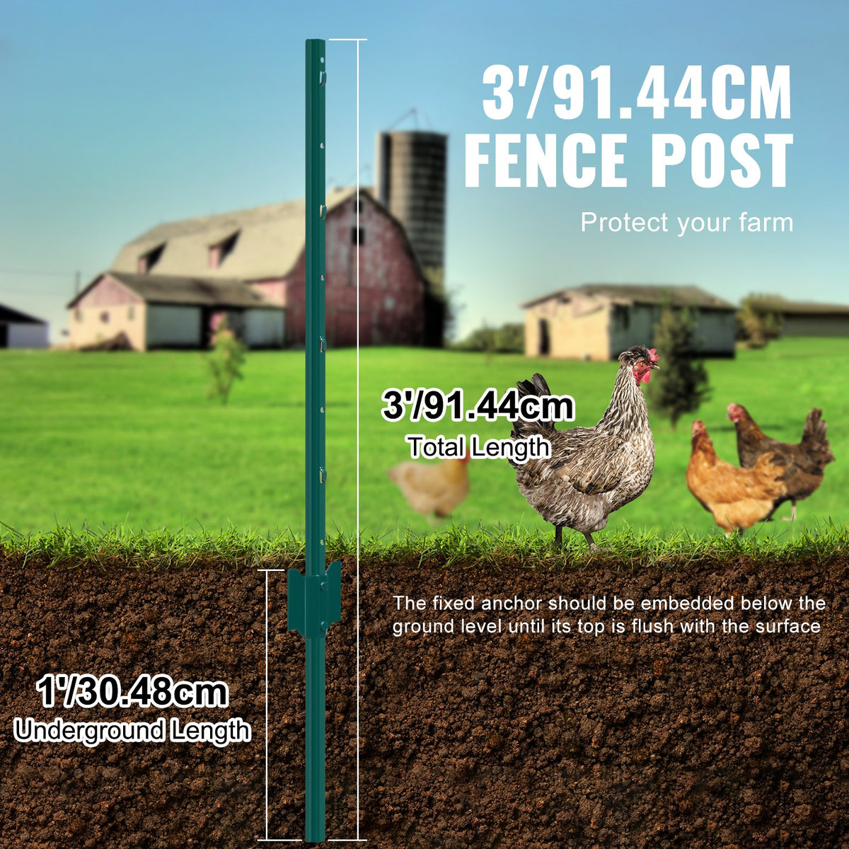 3 Feet Fence Post, 10 Pack U-Channel Heavy Duty Metal Fence Posts, Sturdy Steel Fence Stakes for Garden Yard, Lawn, Farms and Outdoor Wire Fencing, Green