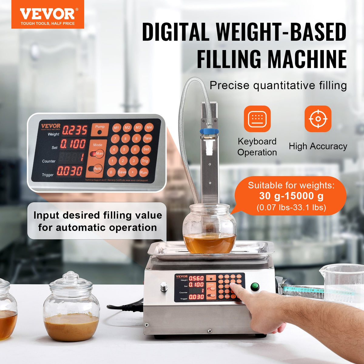 Liquid Filling Machine, 30-15000 g Weighing Capacity, Automatic Bottle Filler Machine Bottling Machine Digital Control for Milk, Water, Oil, Wine, Beverage, Detergent, Shampoo (Single Nozzle)