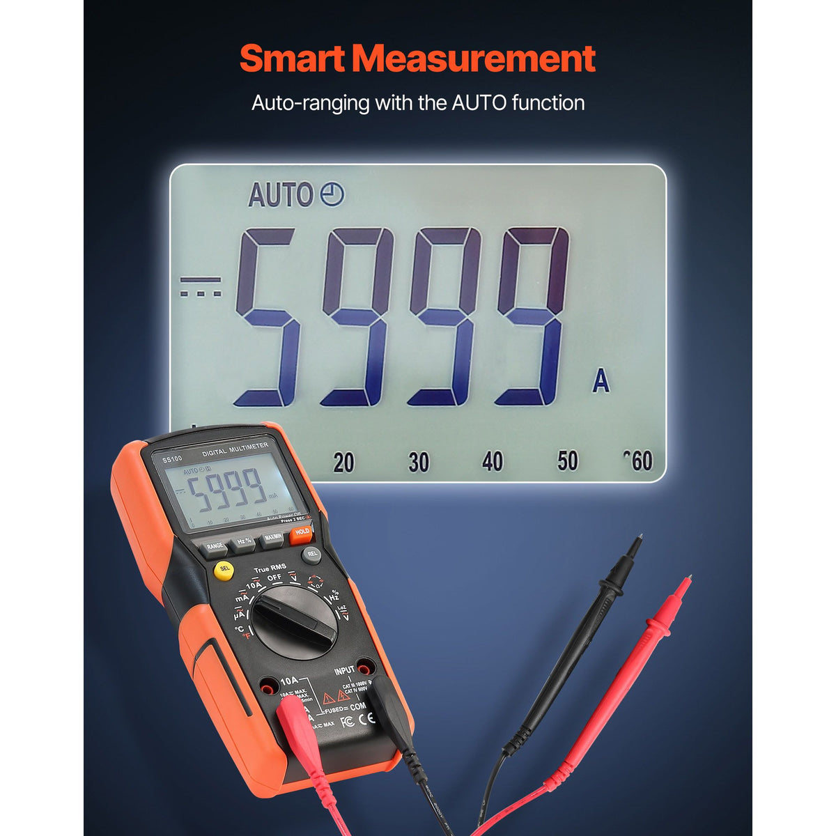 Digital Multimeter, 6000-Count TRMS DC/AC Voltmeter Current Tester, Auto-Ranging Multimeter for Current Voltage Resistance Capacitance Temperature Diodes Continuity Low Impedance Measurment