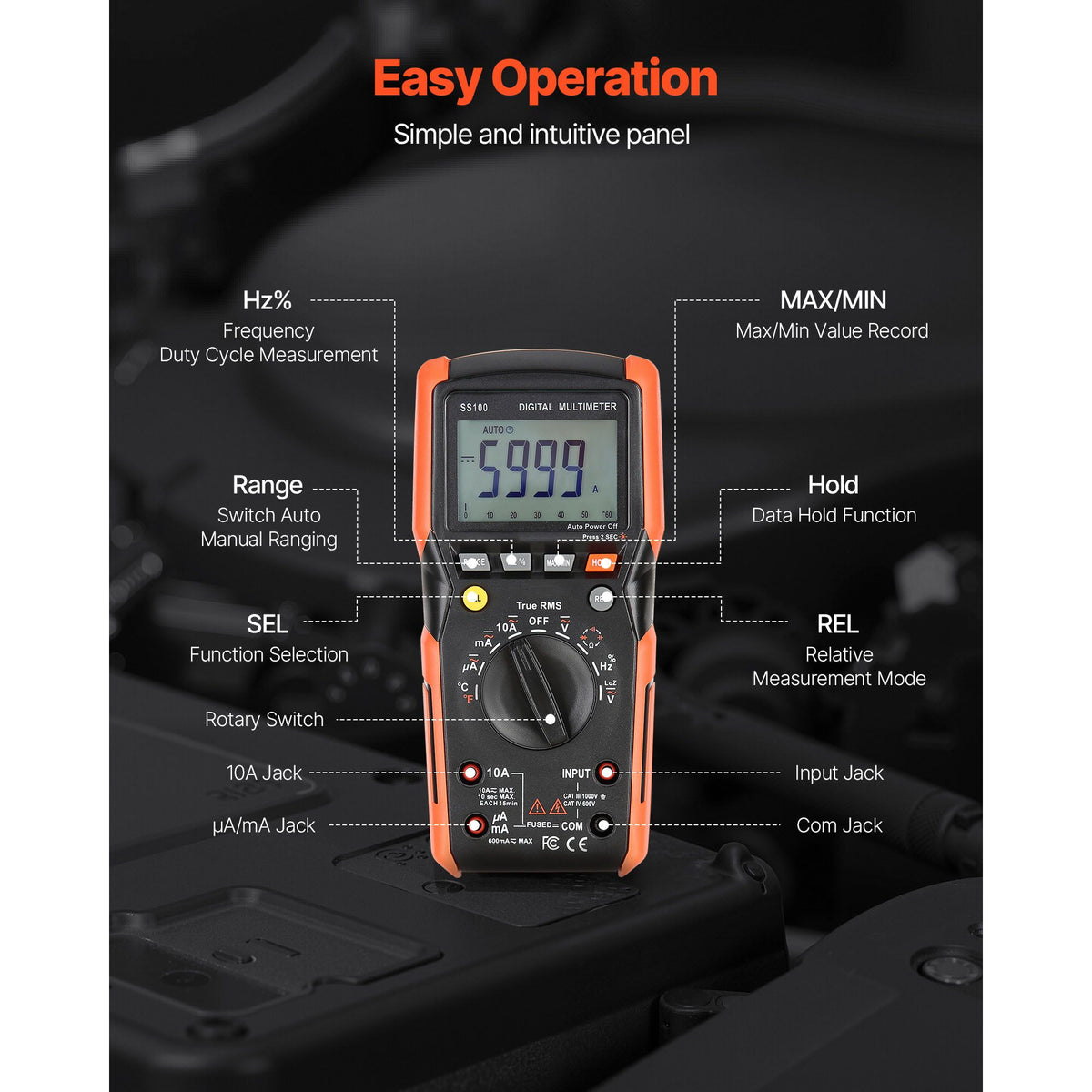 Digital Multimeter, 6000-Count TRMS DC/AC Voltmeter Current Tester, Auto-Ranging Multimeter for Current Voltage Resistance Capacitance Temperature Diodes Continuity Low Impedance Measurment