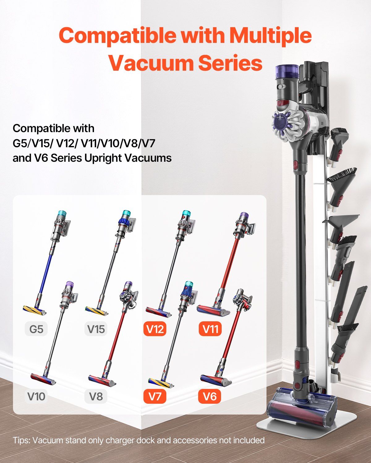 Vacuum Stand, Compatible with Dyson G5 V15 V12 V11 V10 V8 V7 V6 Series Upright Vacuums Cleaners & Accessories, Stable Vacuum Stand Holder with 6 Hooks and Non-slip Footpads, Gray