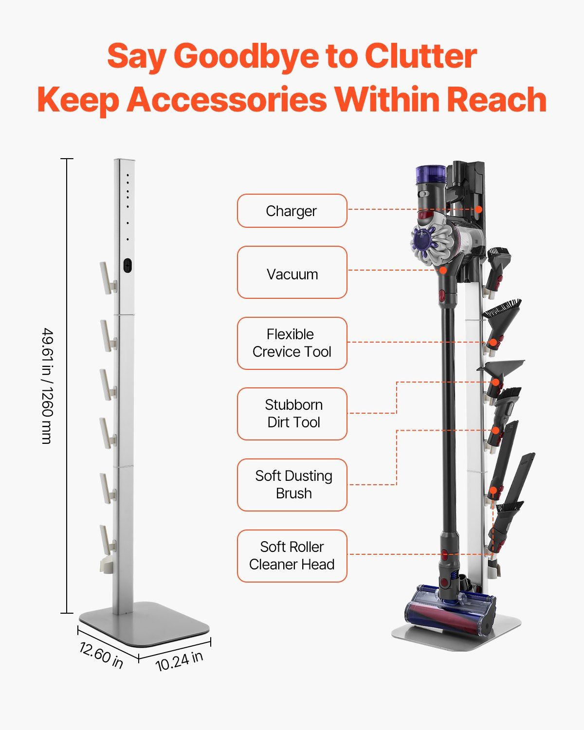 Vacuum Stand, Compatible with Dyson G5 V15 V12 V11 V10 V8 V7 V6 Series Upright Vacuums Cleaners & Accessories, Stable Vacuum Stand Holder with 6 Hooks and Non-slip Footpads, Gray