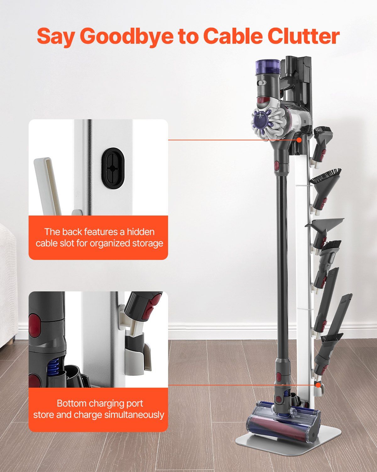 Vacuum Stand, Compatible with Dyson G5 V15 V12 V11 V10 V8 V7 V6 Series Upright Vacuums Cleaners & Accessories, Stable Vacuum Stand Holder with 6 Hooks and Non-slip Footpads, Gray