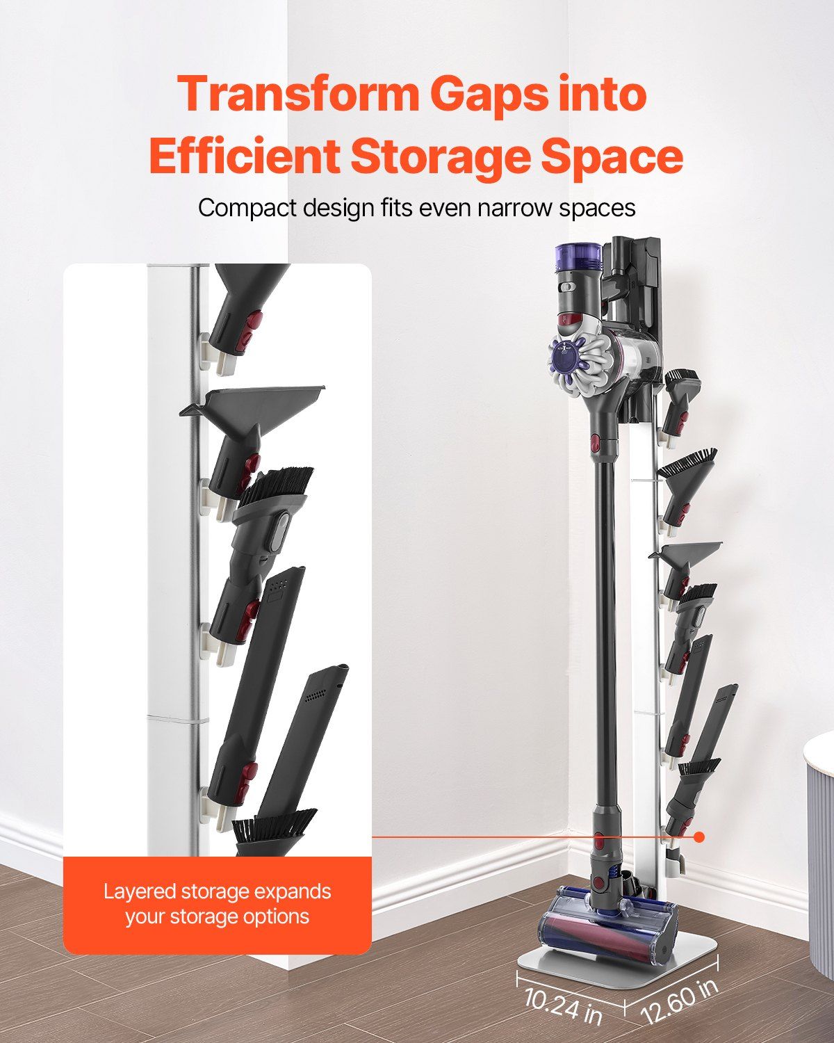 Vacuum Stand, Compatible with Dyson G5 V15 V12 V11 V10 V8 V7 V6 Series Upright Vacuums Cleaners & Accessories, Stable Vacuum Stand Holder with 6 Hooks and Non-slip Footpads, Gray