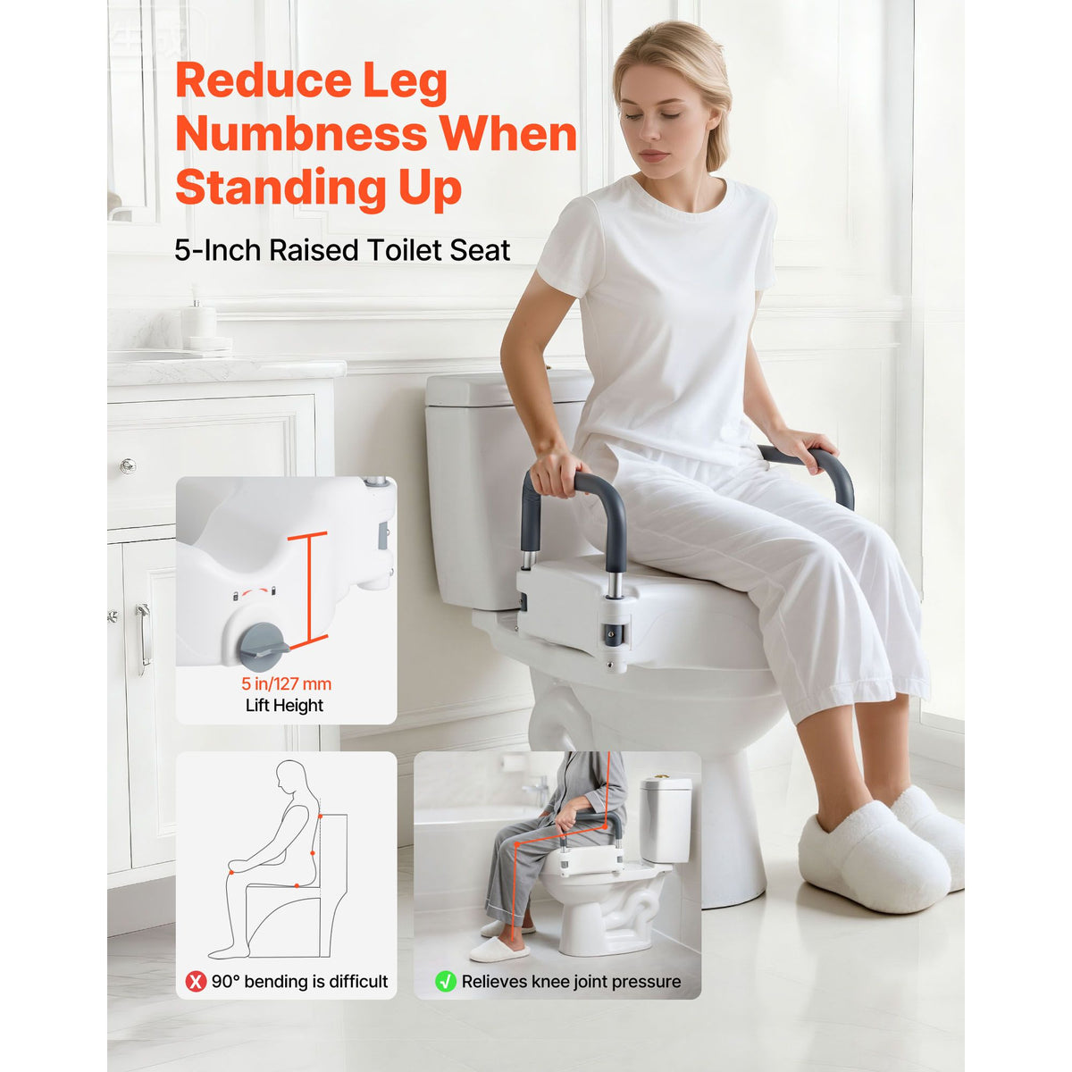 Raised Toilet Seat with Arms, 136.1 kg Load Capacity, 127 mm Lift Height, Widened Commode Elevated Toilet Seat Riser with Padded Handles for Seniors, Elderly, Handicap, Disabled, and Adults Use