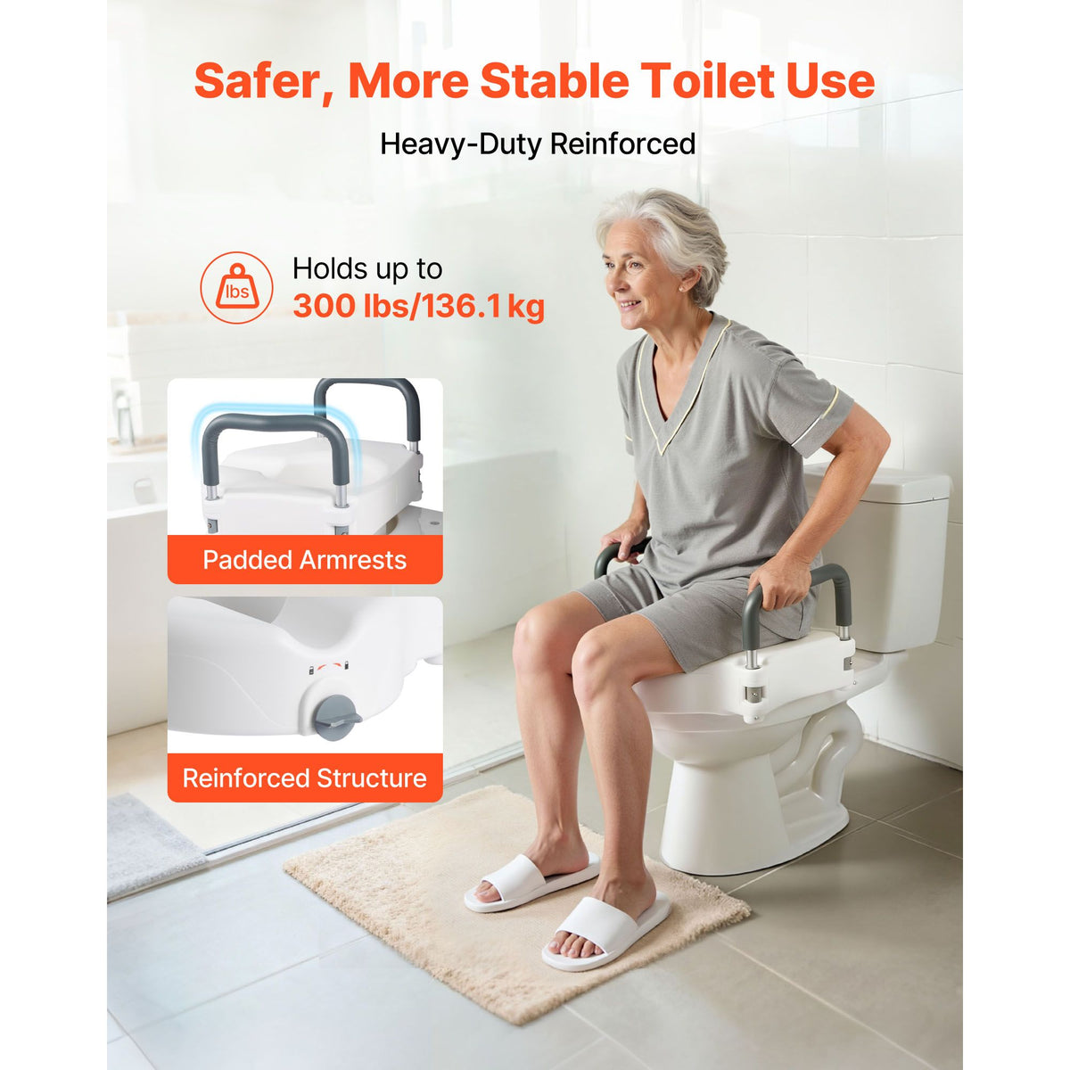 Raised Toilet Seat with Arms, 136.1 kg Load Capacity, 127 mm Lift Height, Widened Commode Elevated Toilet Seat Riser with Padded Handles for Seniors, Elderly, Handicap, Disabled, and Adults Use