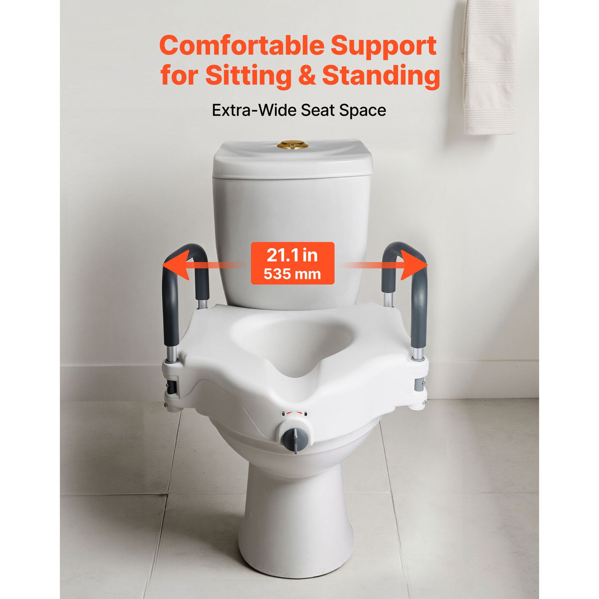 Raised Toilet Seat with Arms, 136.1 kg Load Capacity, 127 mm Lift Height, Widened Commode Elevated Toilet Seat Riser with Padded Handles for Seniors, Elderly, Handicap, Disabled, and Adults Use