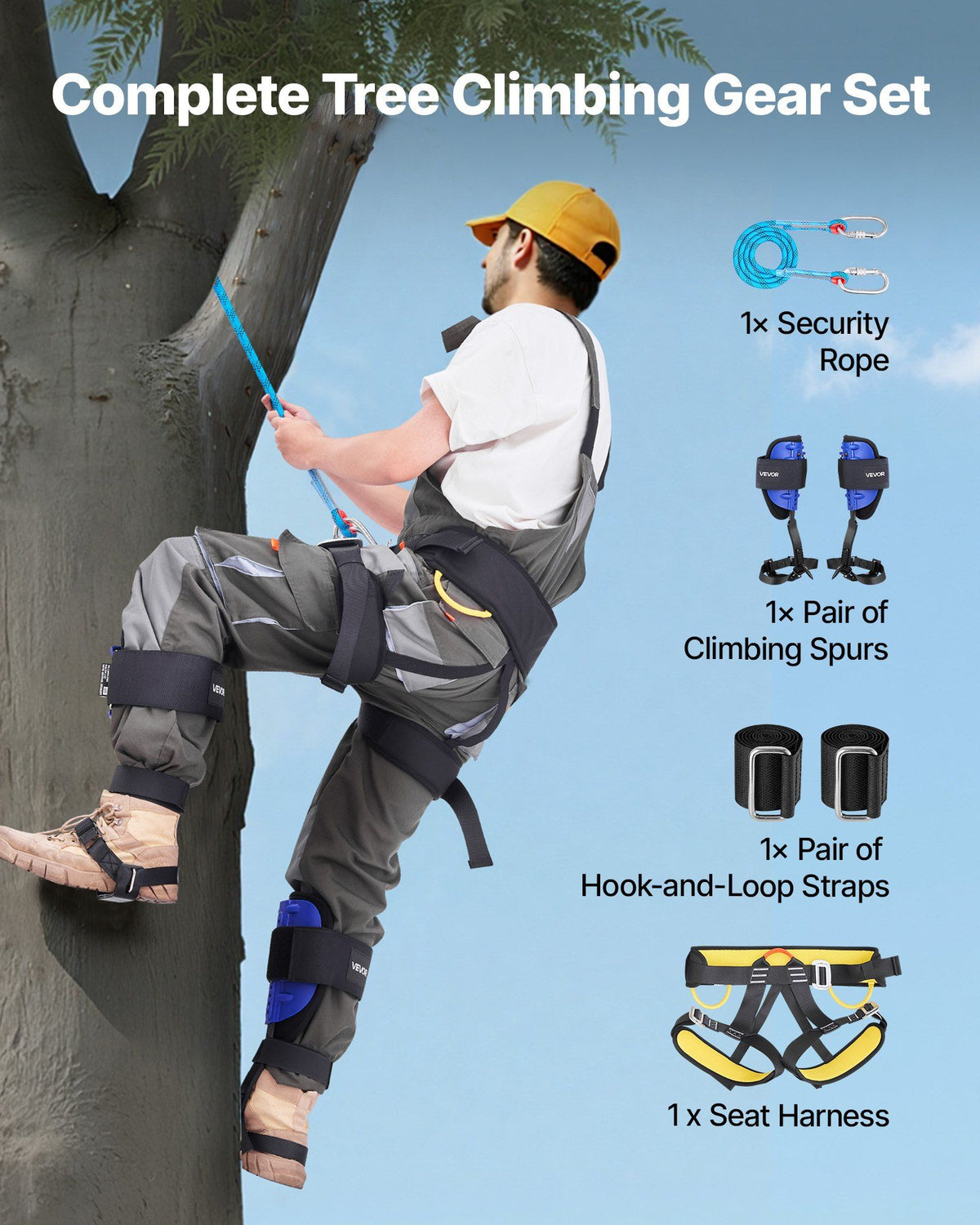 Tree Climbing Spikes Set, Height-Adjustable Tree Climbing Gear with Straps & Harness, 159 kg Load Capacity, Heavy Duty Steel Climb Spurs Arborist Equipment for Fruit Picking Hunting