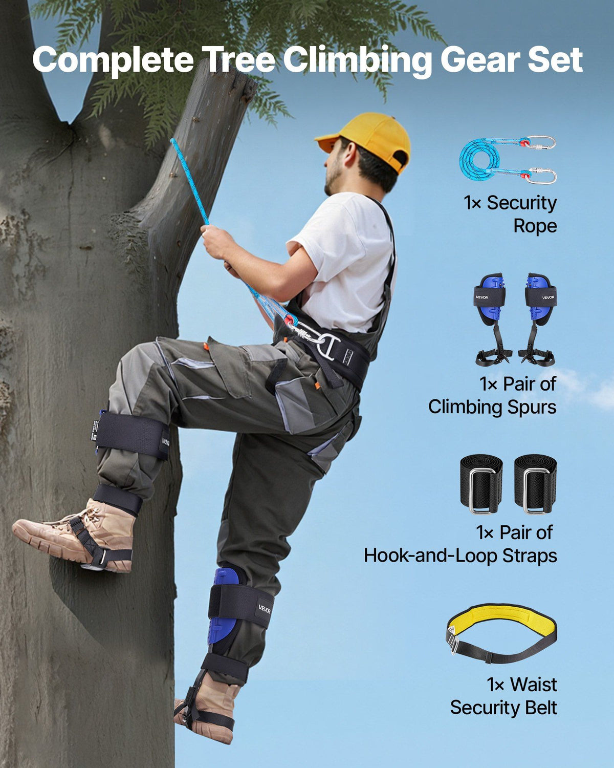 Tree Climbing Spikes Set, Height-Adjustable Tree Climbing Gear with Straps & Waist Harness, 159 kg Load Capacity, Heavy Duty Steel Climb Spurs Arborist Equipment for Fruit Picking Hunting