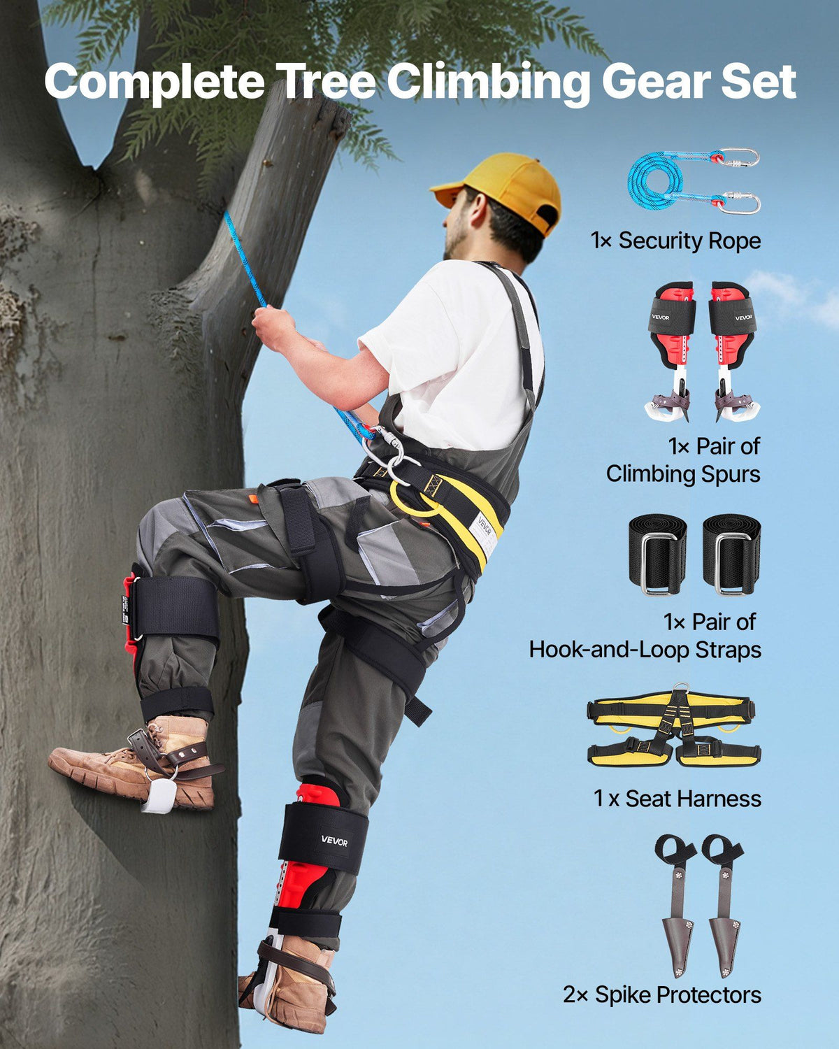 Tree Climbing Spikes Set, Height-Adjustable Tree Climbing Gear with Straps & Spike Protectors, 159 kg Load Capacity, Durable Aluminum Climb Spurs Arborist Equipment for Fruit Picking Hunting
