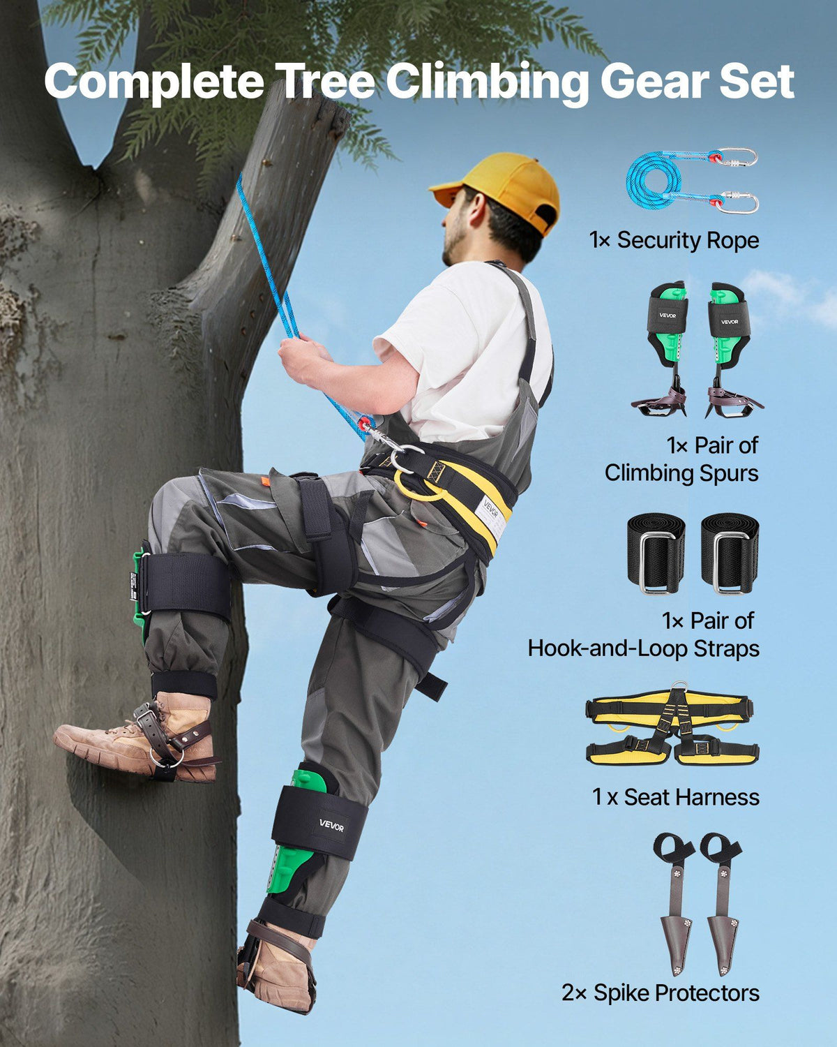 Tree Climbing Spikes Set, Height-Adjustable Tree Climbing Gear with Straps & Spike Protectors, 159 kg Load Capacity, Heavy Duty Steel Climb Spurs Arborist Equipment for Fruit Picking Hunting