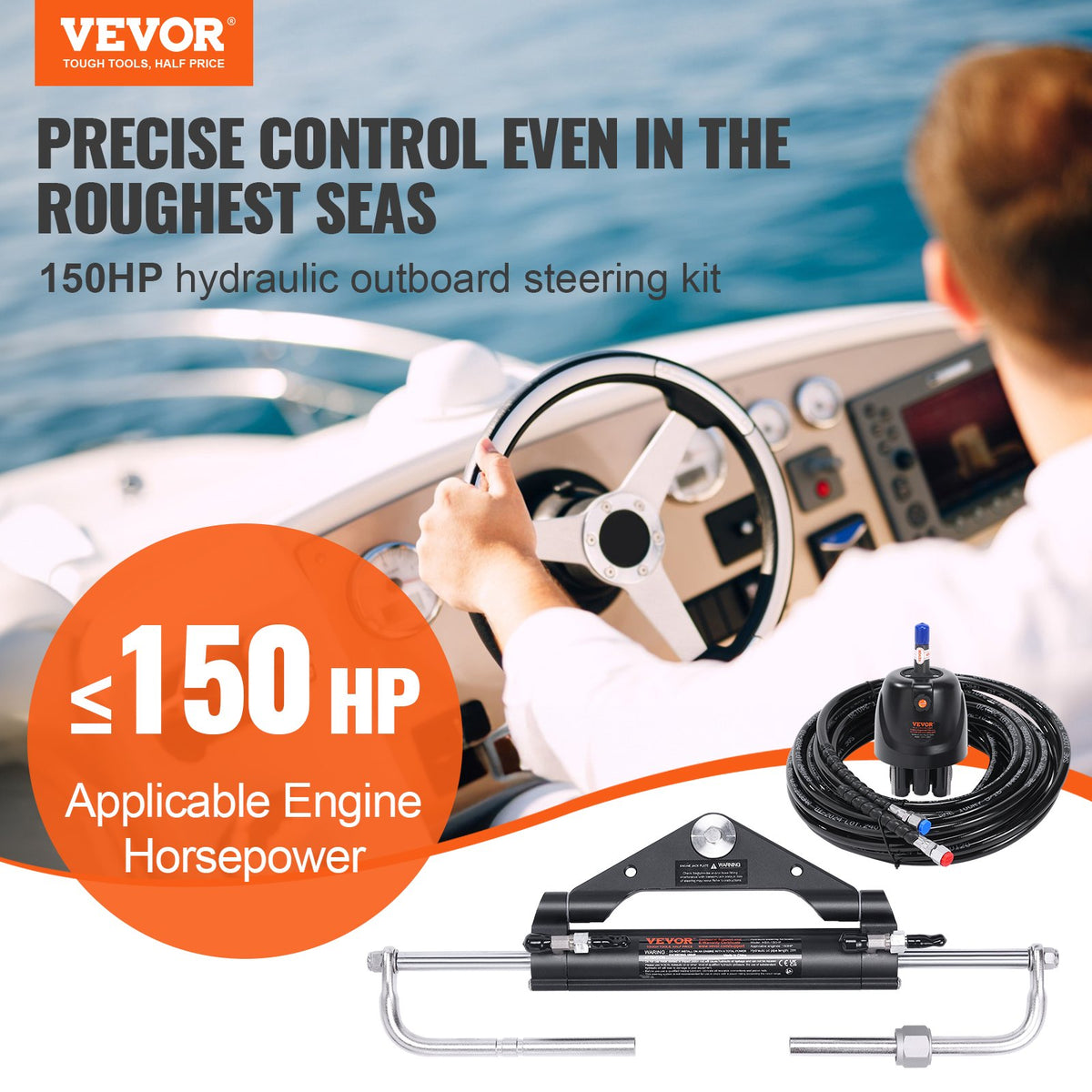 150HP Hydraulic Outboard Steering Kit Boat Marine System, Built-in Two-Way Lock Cylinder, 150HP Pump and High-Strength Nylon Hose for Single Station, Single-Engine use