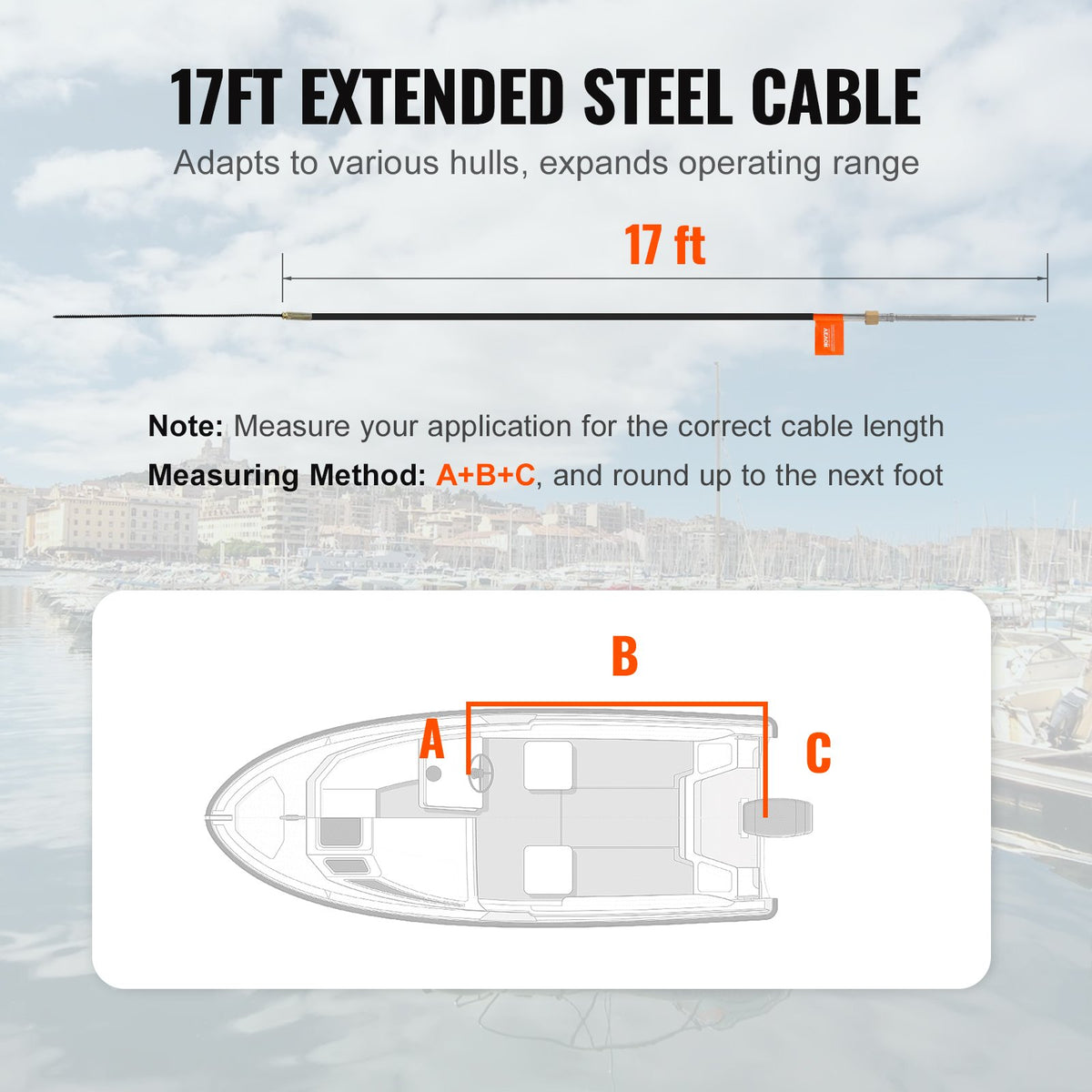 Boat Steering Cable, 17 Feet Outboard Marine Rotary Steering Cable, 1/2 Ton High Tensile Strength, Steel Steering Wheel Cable Compatible with Most Single-Station Outboard Steering Systems
