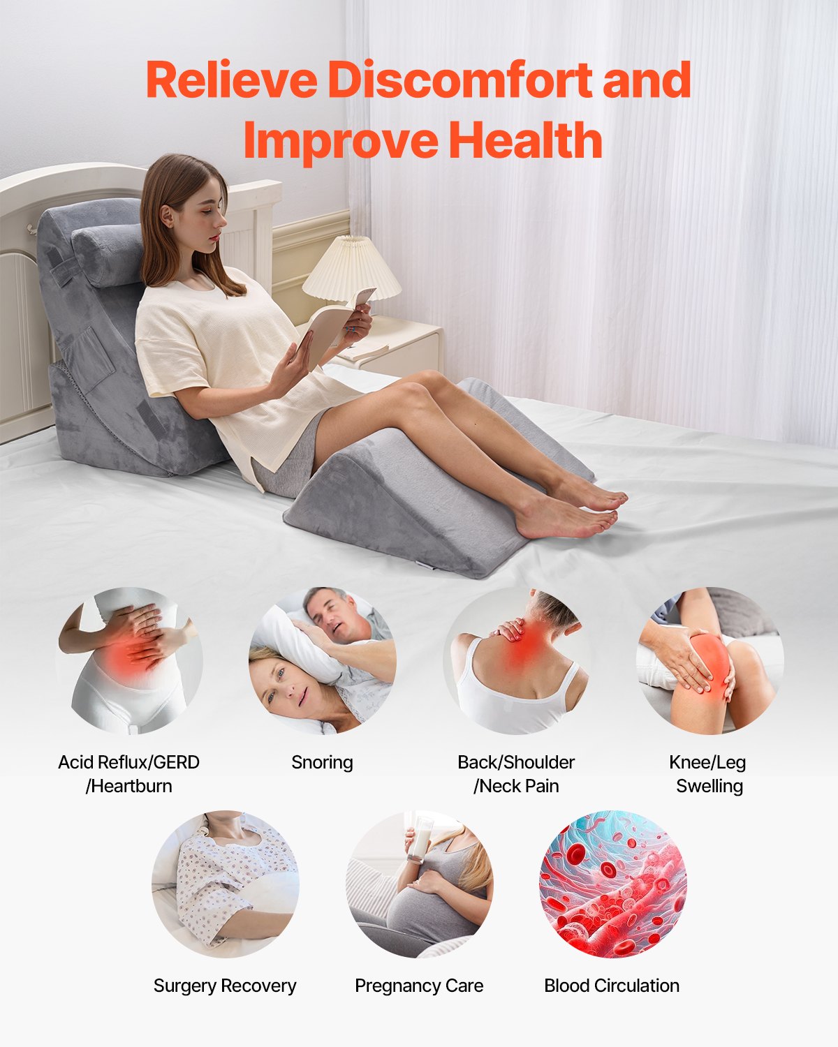 Wedge Pillow for Sleeping, 4 Pcs Adjustable Orthopedic Bed Wedge Set, Support Leg Neck Shoulder, Post Surgery Pillow for Back Pain, Acid Reflux, Snoring Relief, Sitting up in Bed, Dark Grey