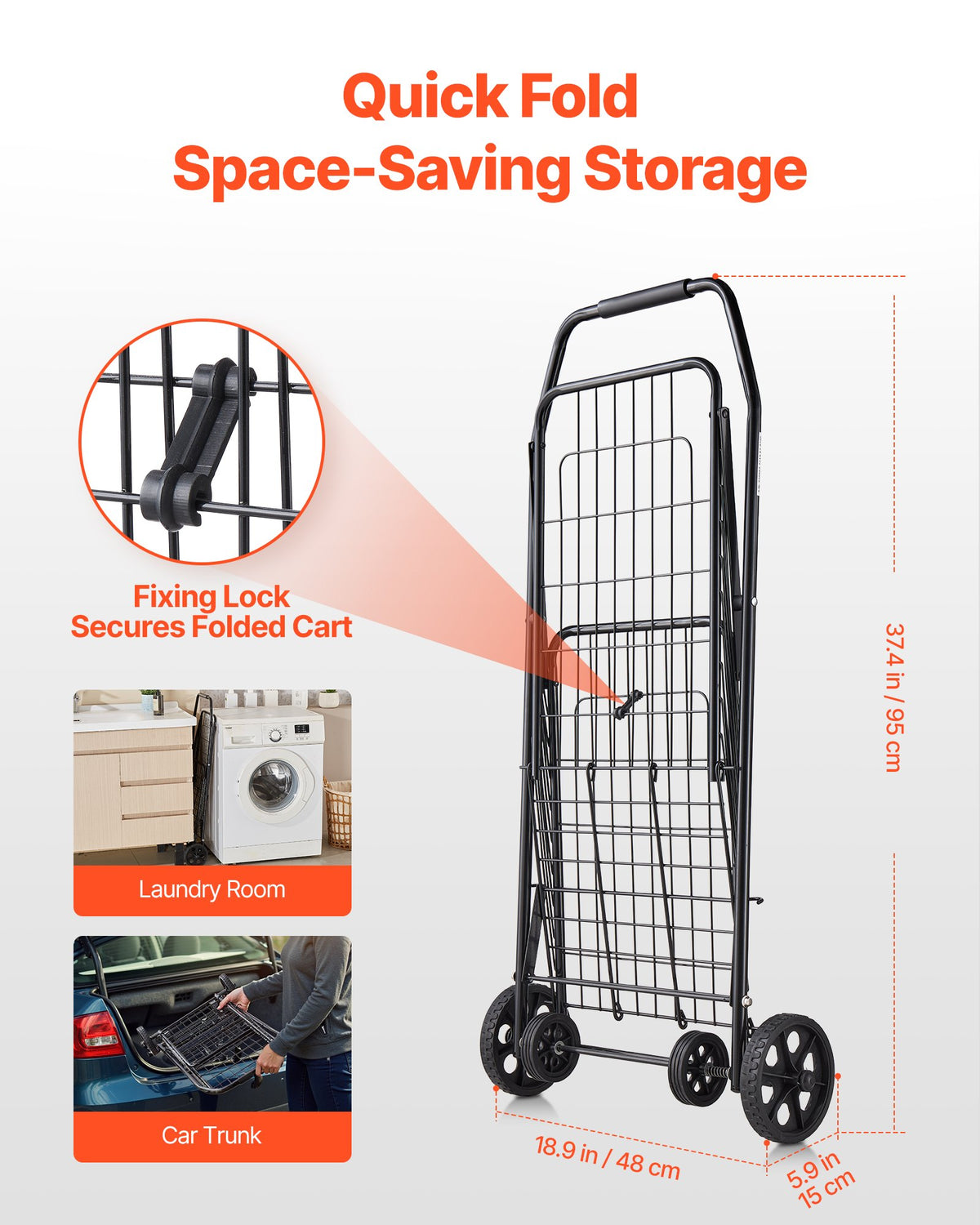 Shopping Cart, Folding Grocery Utility Cart with Swivel Wheels, 40.8 kg Large Load Capacity, Heavy Duty Rolling Laundry Basket Butler for Laundry, Shopping, Camping, Grocery, Luggage, Black