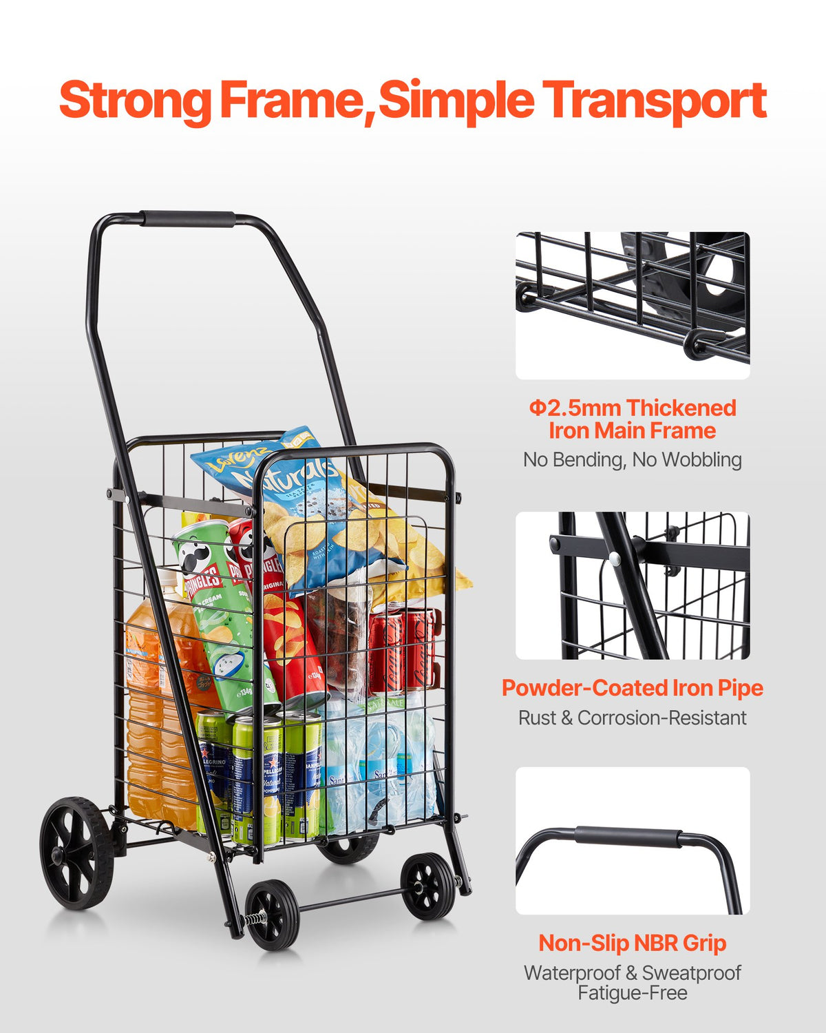 Shopping Cart, Folding Grocery Utility Cart with Swivel Wheels, 40.8 kg Large Load Capacity, Heavy Duty Rolling Laundry Basket Butler for Laundry, Shopping, Camping, Grocery, Luggage, Black