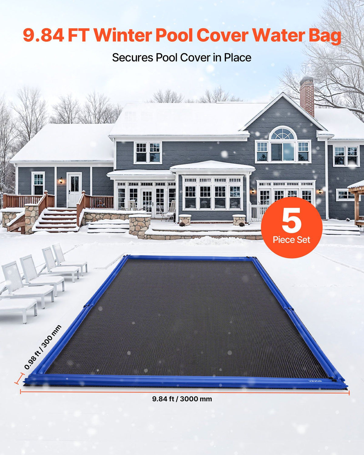 Pool Cover Water Bags, 5 Packs 2560 mm, Double Chamber Pool Cover Water Tubes, 0.4mm Thick PVC Bags Weights with Leakproof Screw Cap, for Inground Swimming-Pool Covers Winter Closing, Blue