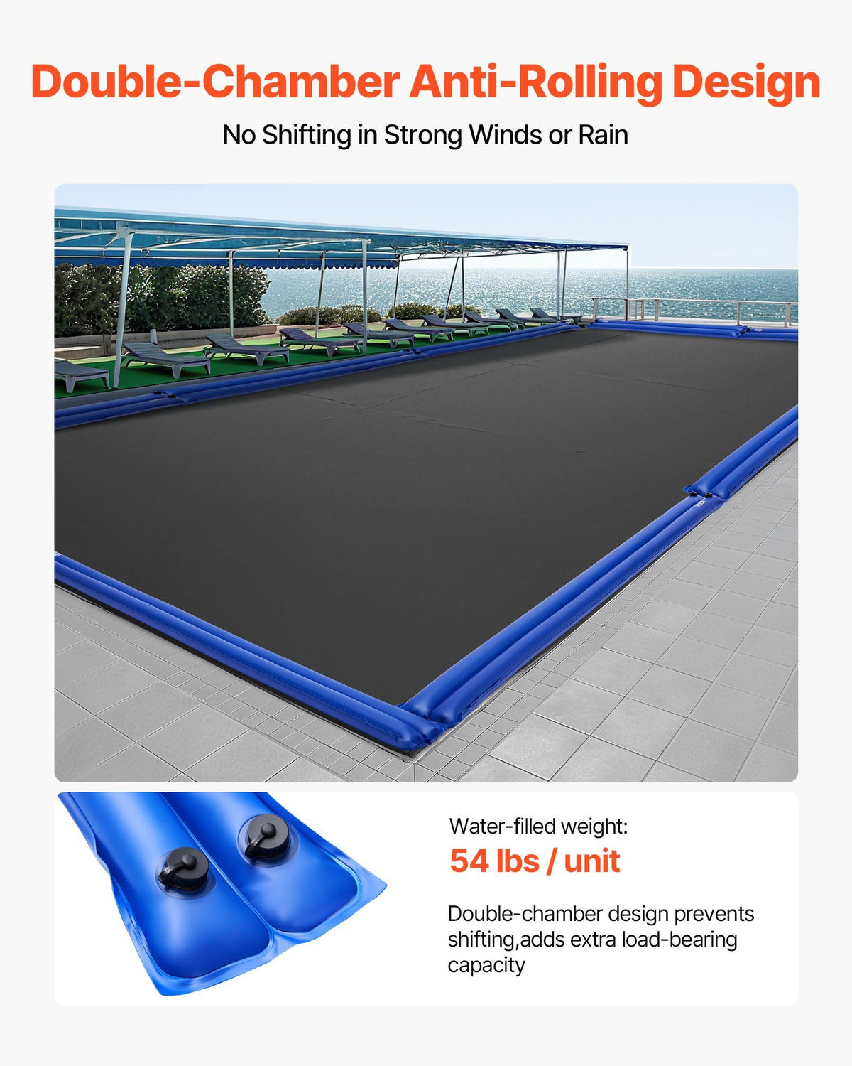 Pool Cover Water Bags, 5 Packs 2560 mm, Double Chamber Pool Cover Water Tubes, 0.4mm Thick PVC Bags Weights with Leakproof Screw Cap, for Inground Swimming-Pool Covers Winter Closing, Blue