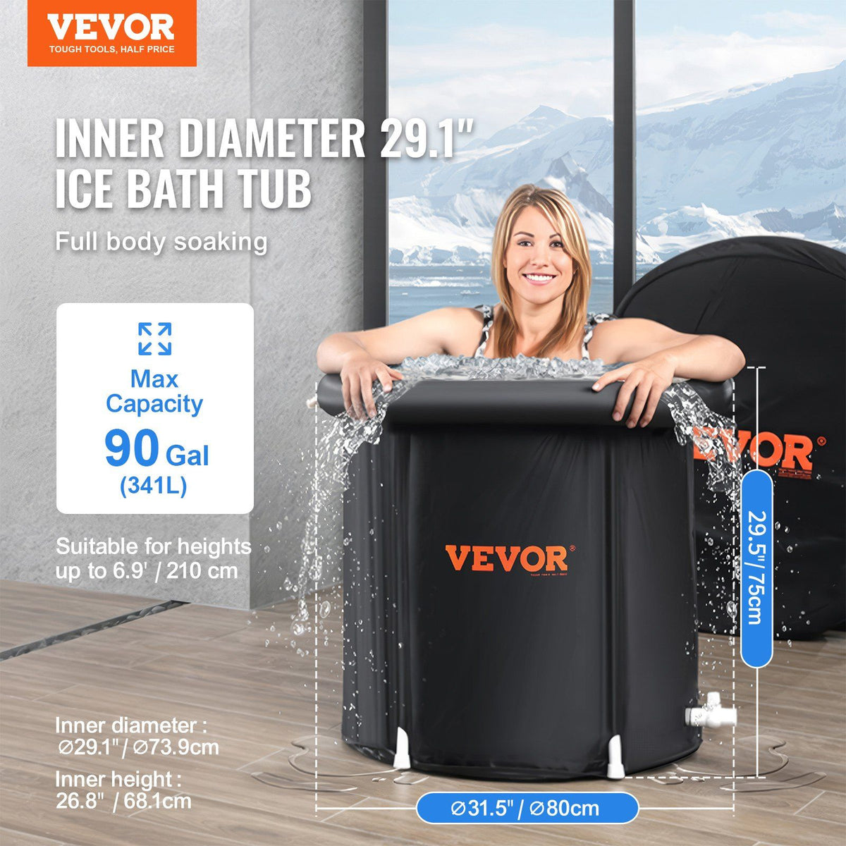 Ice Bath Tub, 80 cm Long Cold Water Therapy Plunge Tub for Athletes, Portable Outdoor Ice Barrel Plunge Pool for Recovery, 341L Inflatable Folding Bathtub with Cover, Home Ice Pod for Adult
