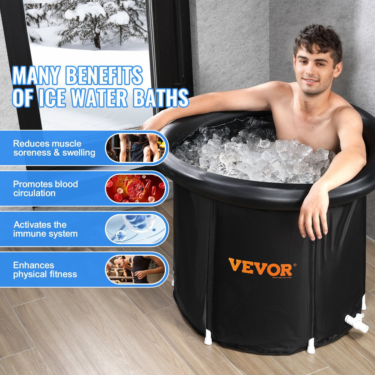 Ice Bath Tub, 80 cm Long Cold Water Therapy Plunge Tub for Athletes, Portable Outdoor Ice Barrel Plunge Pool for Recovery, 341L Inflatable Folding Bathtub with Cover, Home Ice Pod for Adult