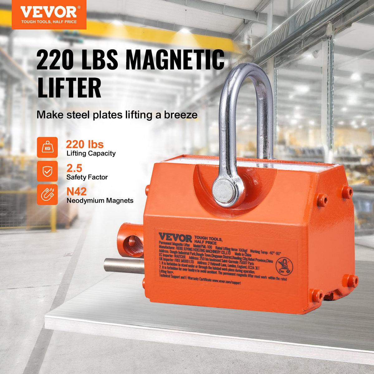 Magnetic Lifter, 100 kg/220 lbs Pulling Capacity, 2.5 Safety Factor, Neodymium & Steel, Lifting Magnet with Release, Permanent Lift Magnets, Heavy Duty Magnet for Hoist, Shop Crane, Block, Board