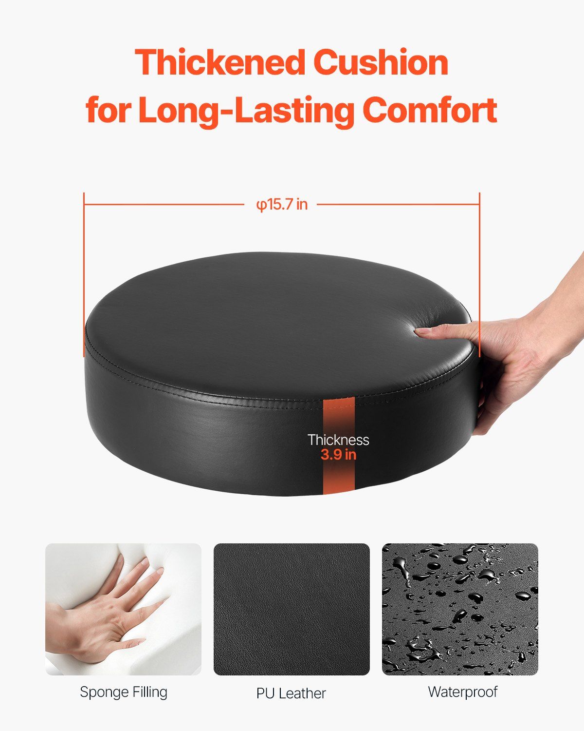 Round Rolling Stool, Leather Rolling Stool with Footrest, 360° Swivel Drafting Stool with Thickened Cushion, Height Adjustable Rolling Work SPA Tattoo Stool, for Office, Home, Salon & Bar Black