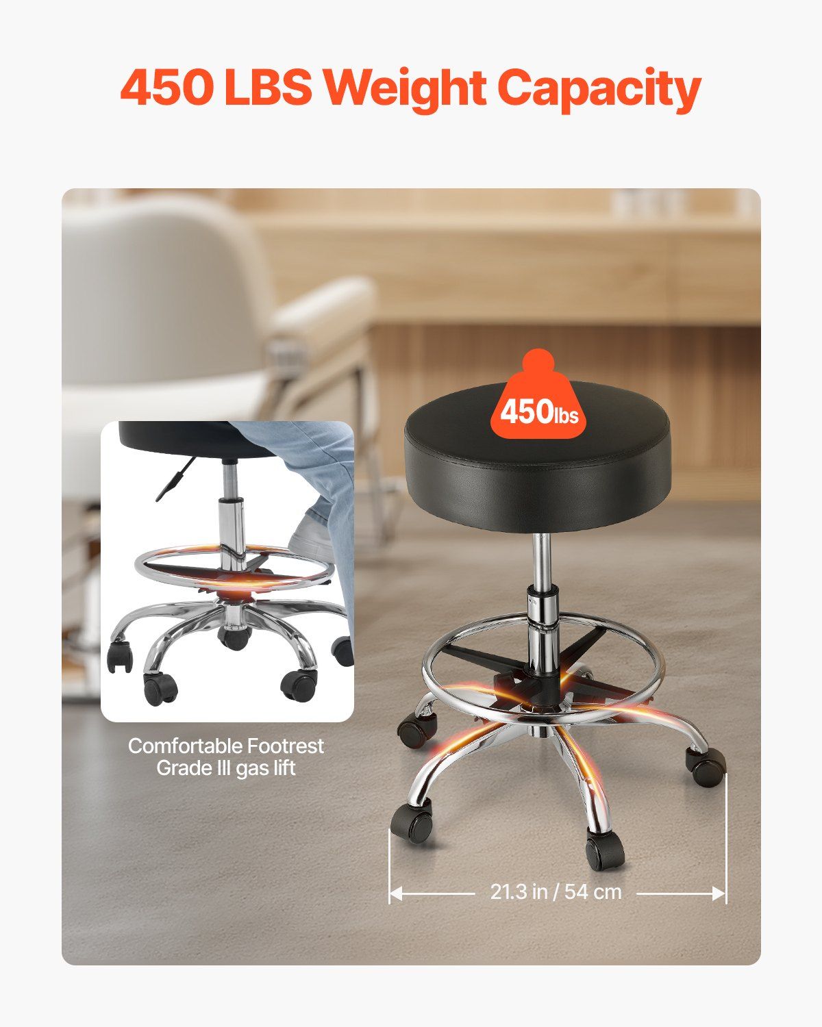 Round Rolling Stool, Leather Rolling Stool with Footrest, 360° Swivel Drafting Stool with Thickened Cushion, Height Adjustable Rolling Work SPA Tattoo Stool, for Office, Home, Salon & Bar Black