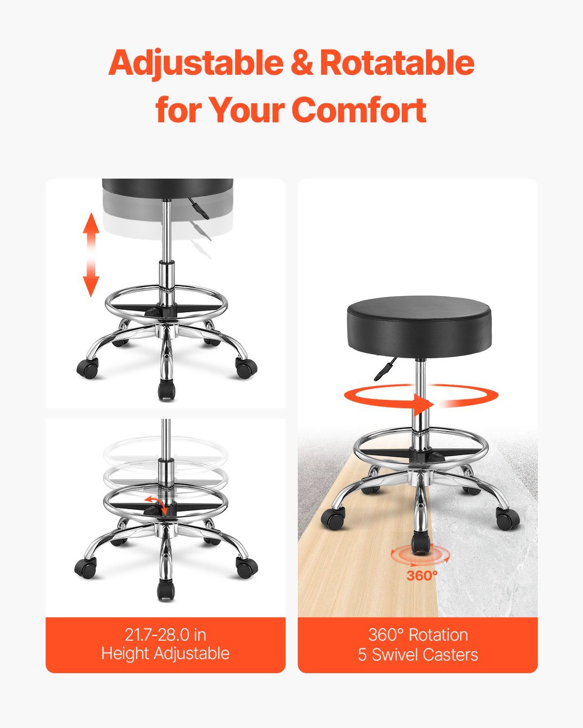 Round Rolling Stool, Leather Rolling Stool with Footrest, 360° Swivel Drafting Stool with Thickened Cushion, Height Adjustable Rolling Work SPA Tattoo Stool, for Office, Home, Salon & Bar Black