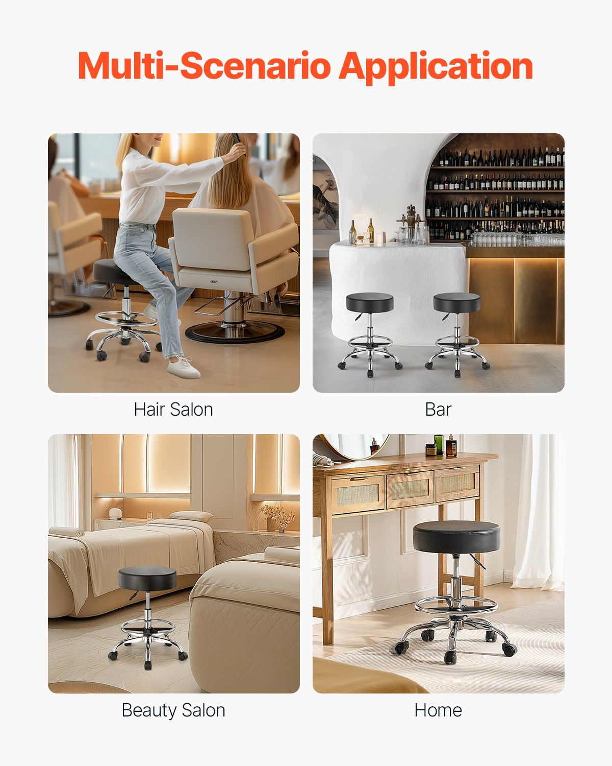 Round Rolling Stool, Leather Rolling Stool with Footrest, 360° Swivel Drafting Stool with Thickened Cushion, Height Adjustable Rolling Work SPA Tattoo Stool, for Office, Home, Salon & Bar Black